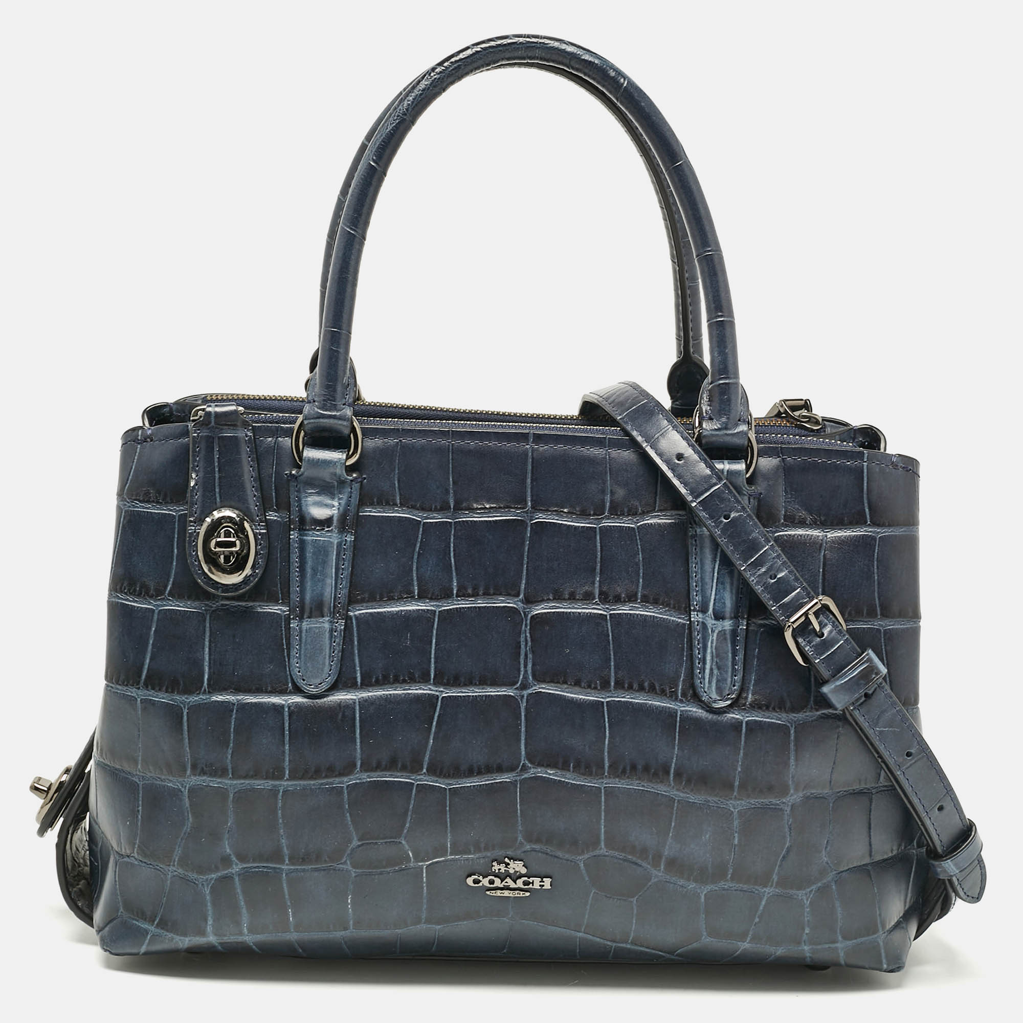 

Coach Navy Blue Croc Embossed Leather Brooklyn Carryall Satchel