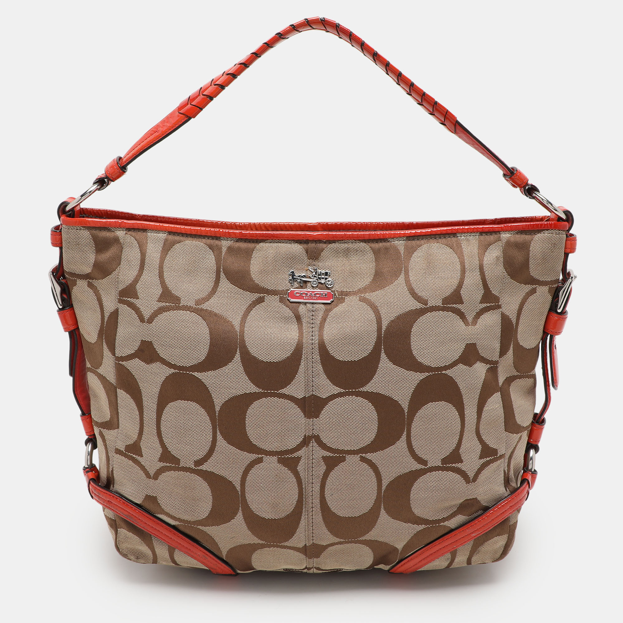 

Coach Beige/Orange Signature Canvas and Patent Leather Katarina Hobo