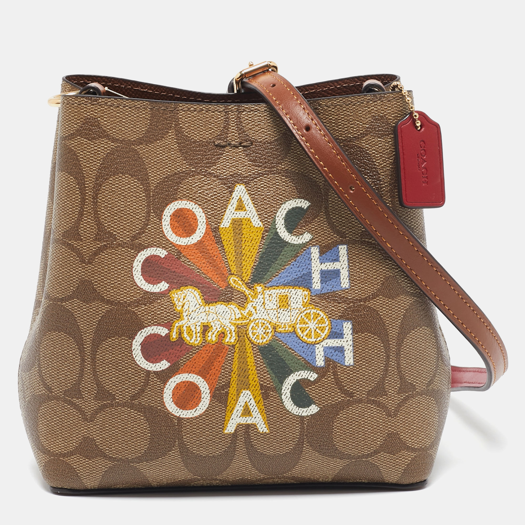 

Coach Beige Signature Coated Canvas and Leather Mini Radial Rainbow Town Bucket Bag