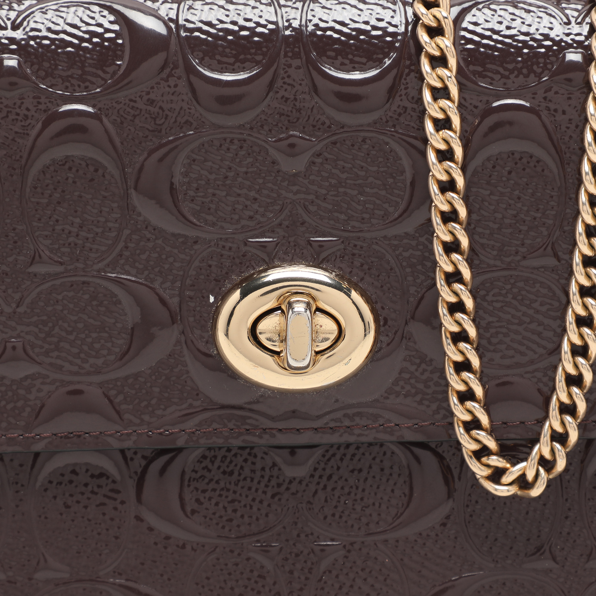 Coach Brown Logo Embossed Patent Leather Bowery Crossbody Bag 