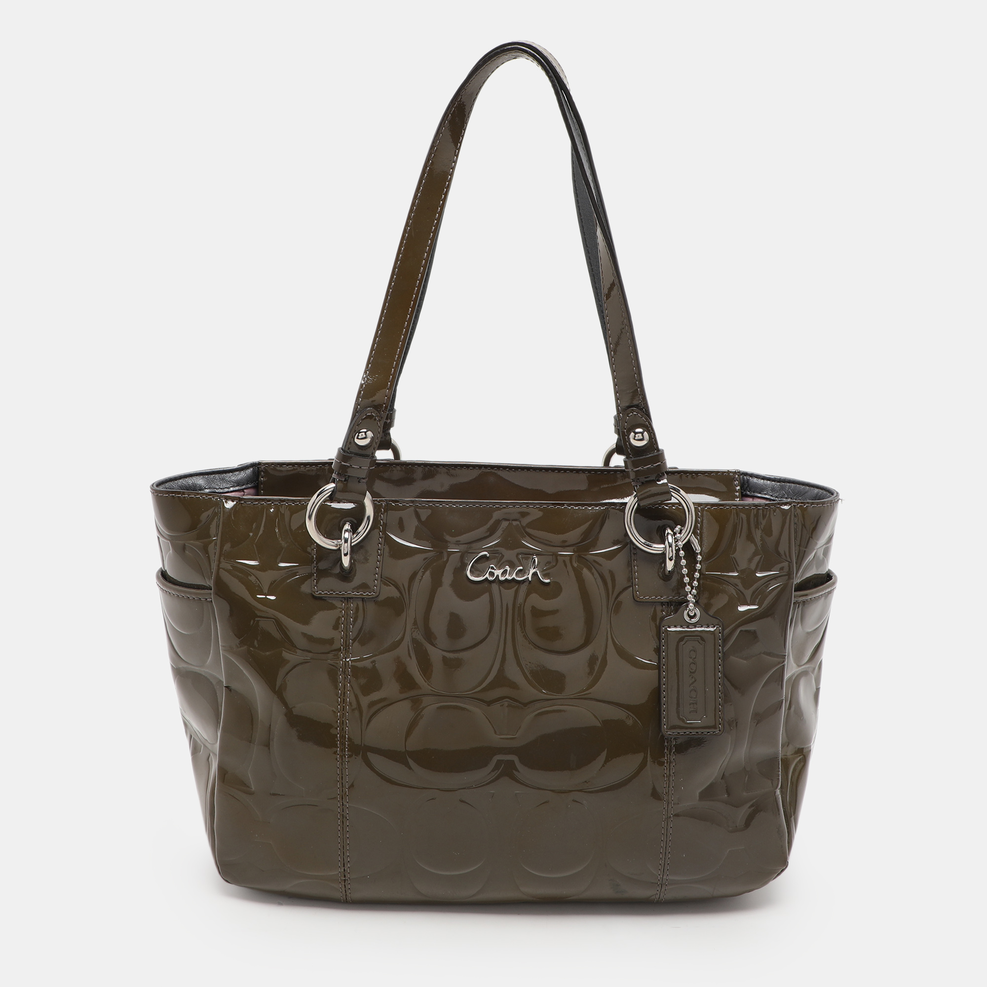 

Coach Olive Green Op Art Embossed Patent Leather East West Gallery Tote