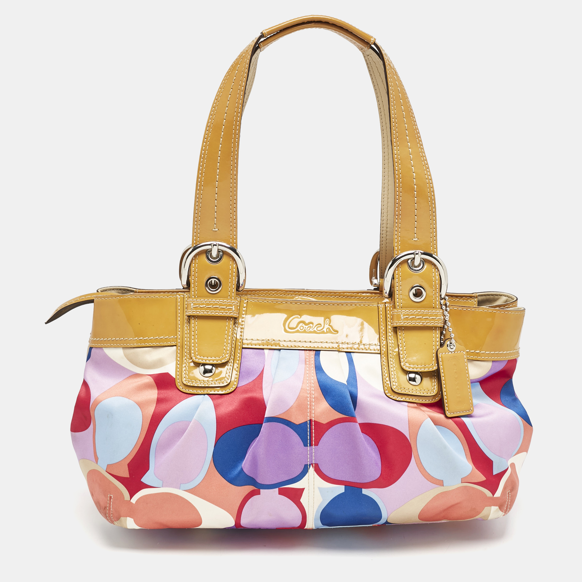 

Coach Multicolor Op Art Scarf Print Satin and Patent Leather Soho Tote