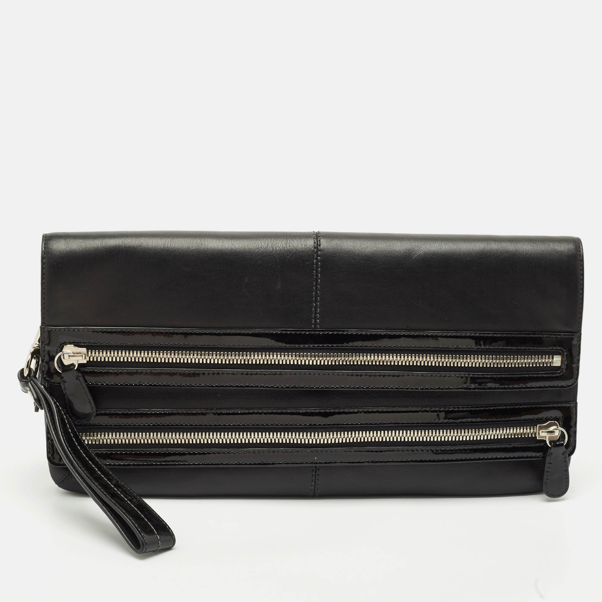 

Coach Black Leather and Patent Leather Double Zip Long Clutch