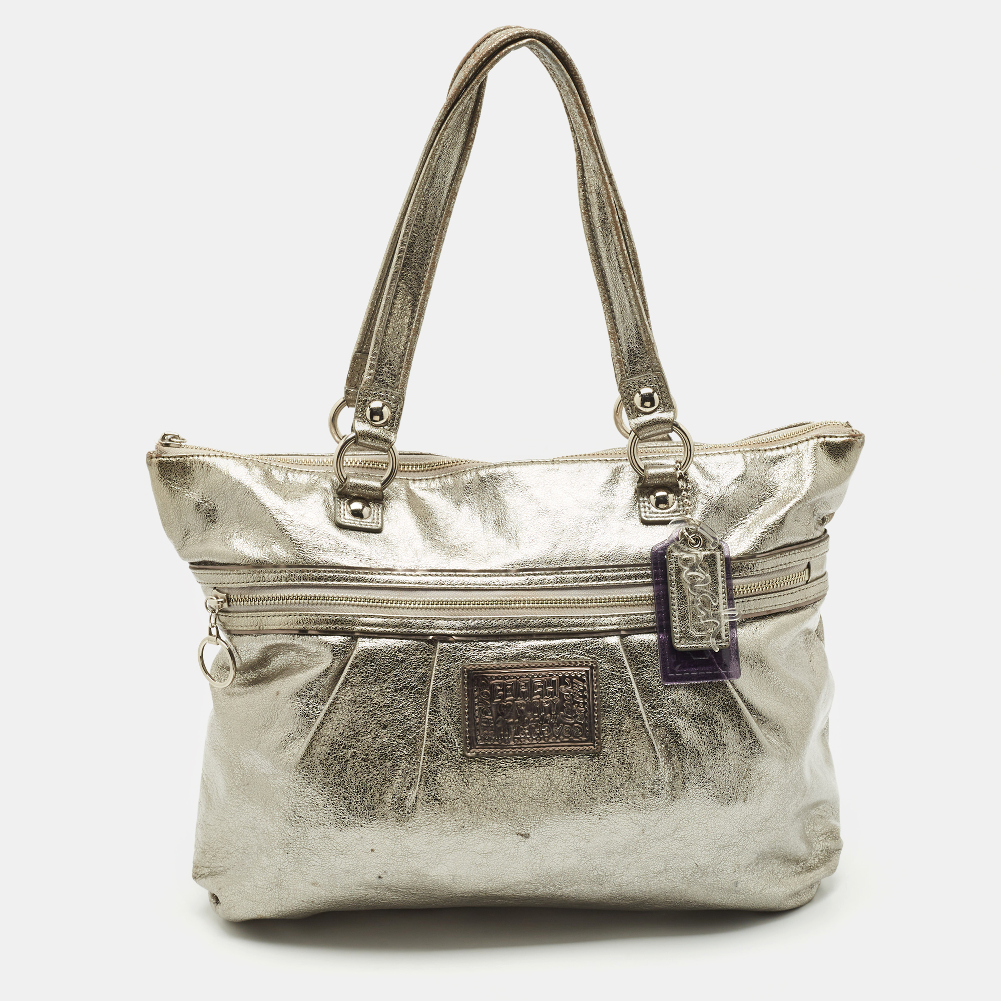 

Coach Silver Leather Poppy Glam Tote