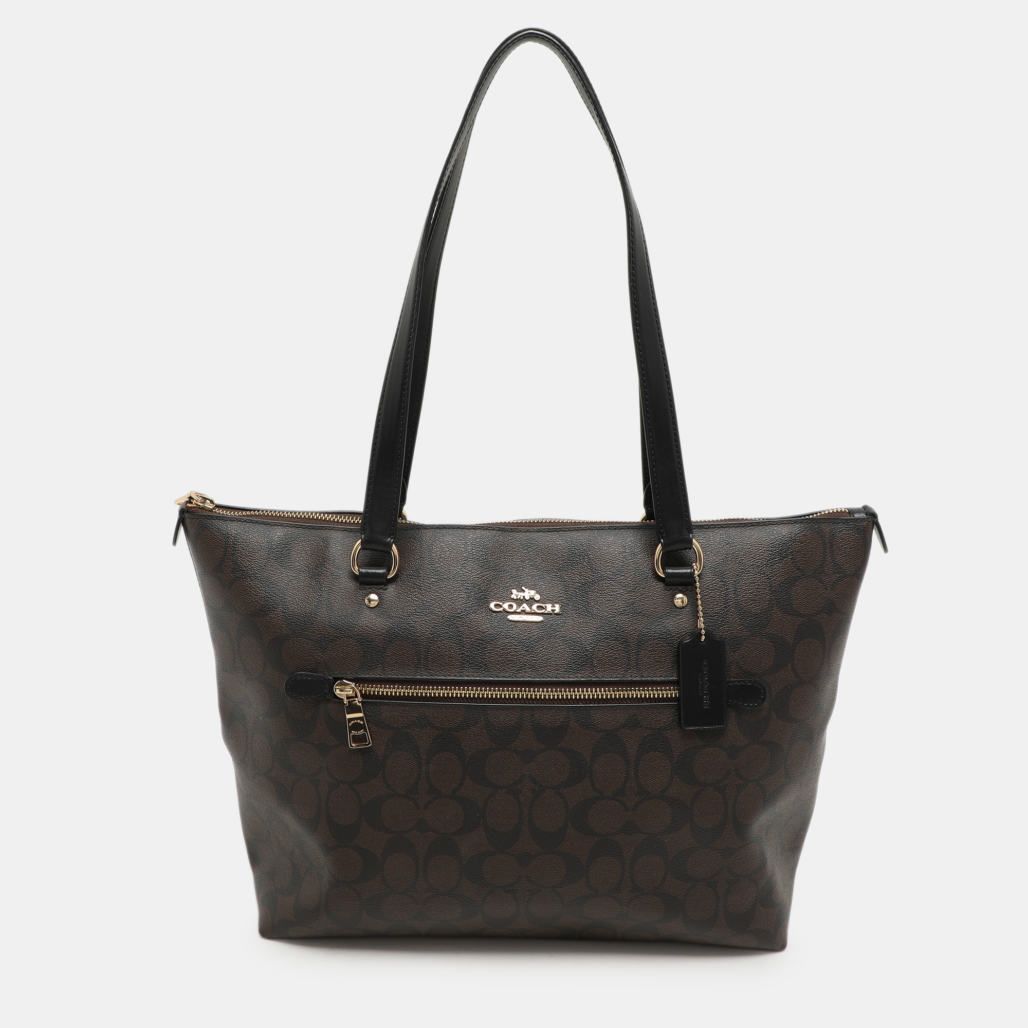 Pre-owned Coach Black/brown Signature Coated Canvas And Leather Gallery Tote