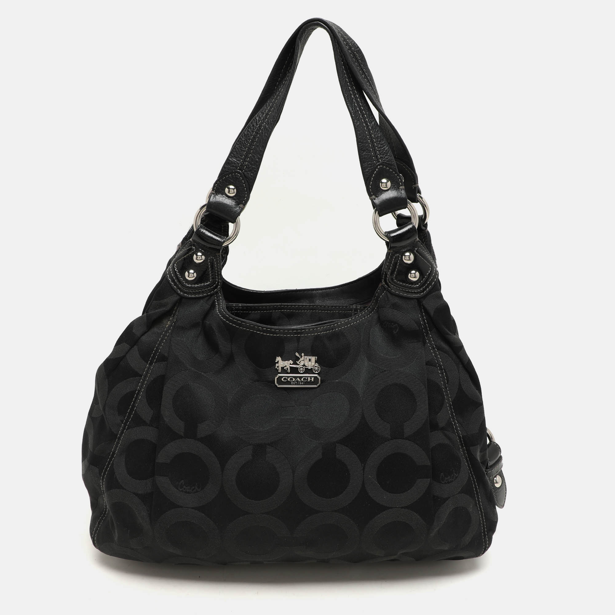 

Coach Black Signature Canvas and Leather Op Art Madison Hobo