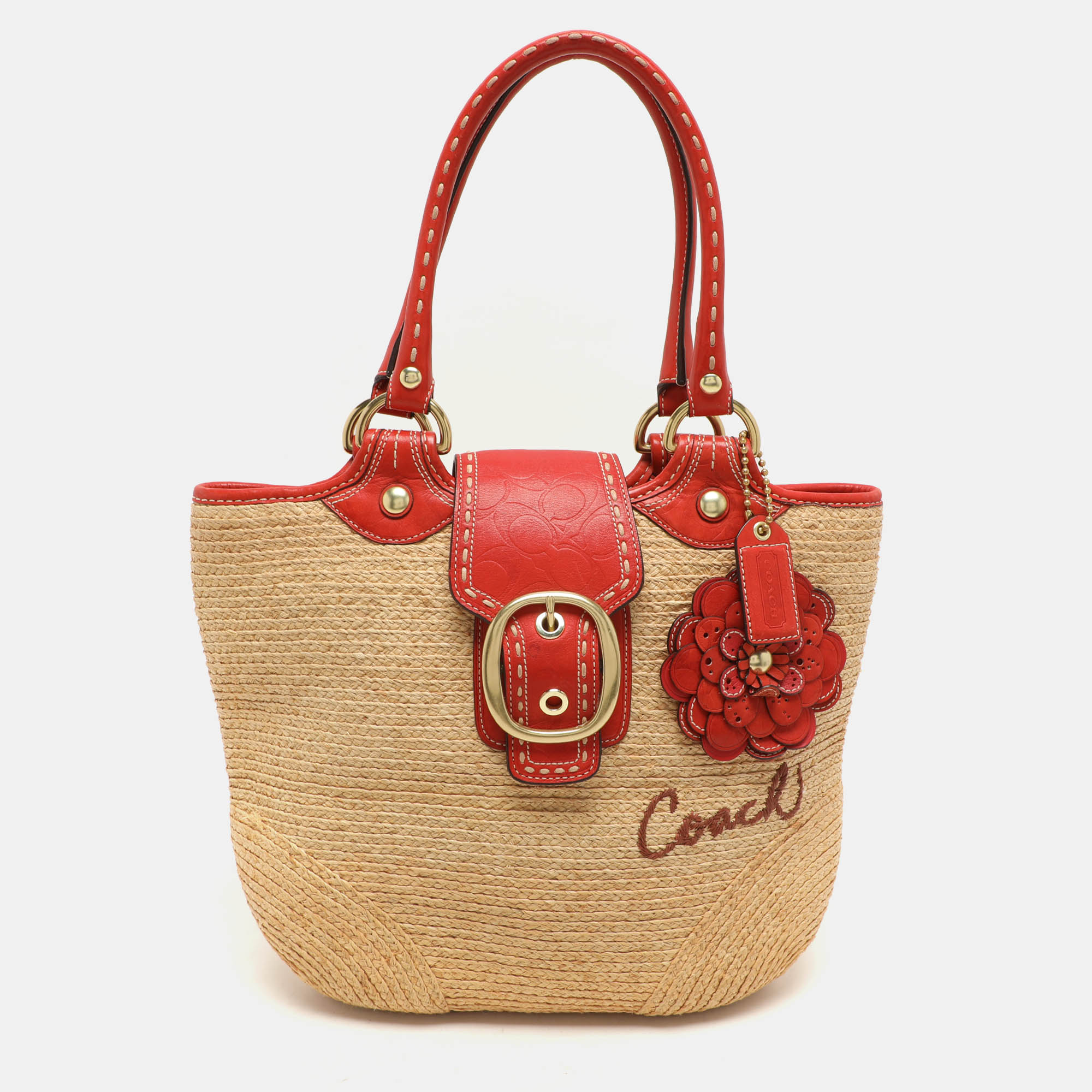 

Coach Beige/Burnt Orange Raffia and Leather Buckle Flap Tote