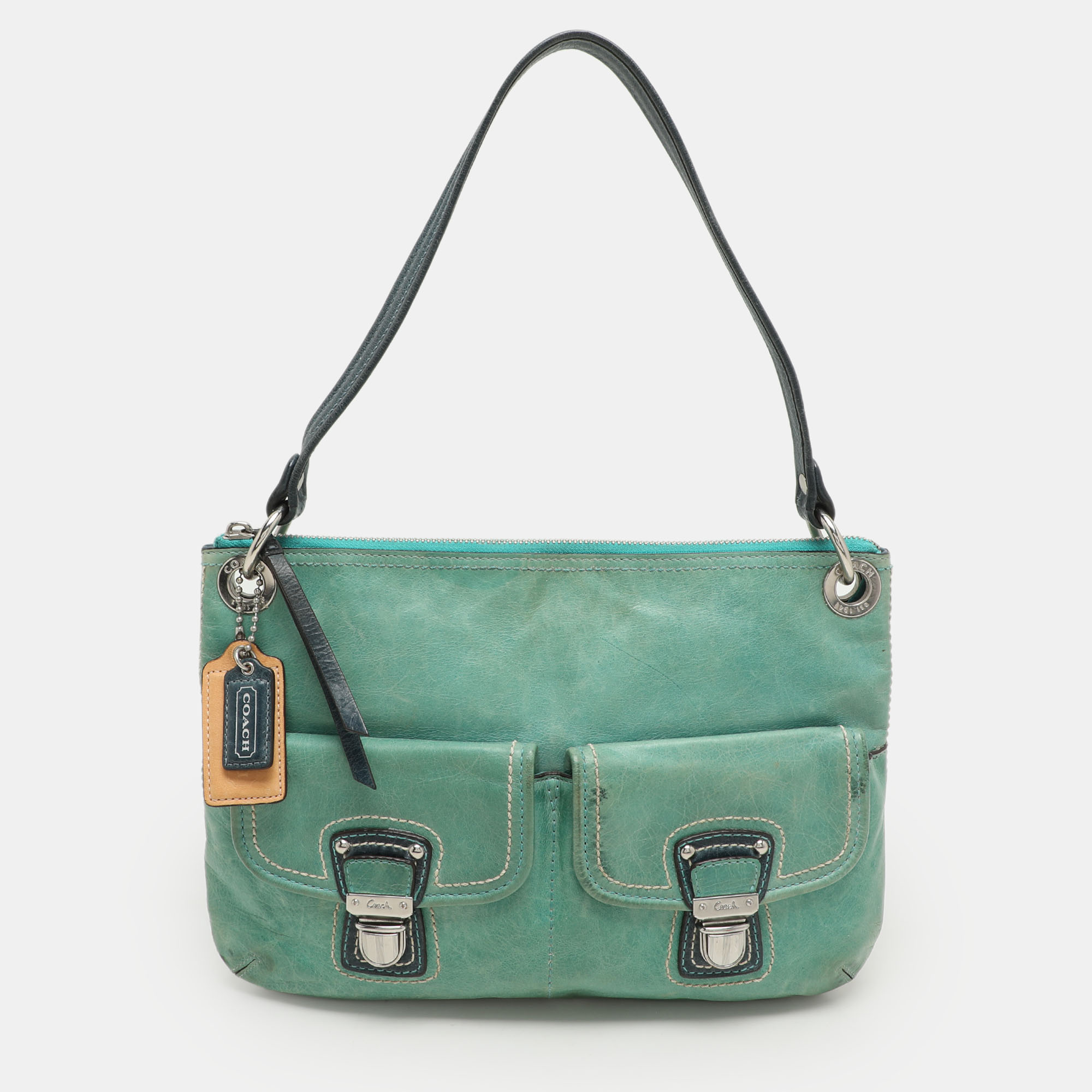 

Coach Green/Blue Leather Double Pocket Shoulder Bag