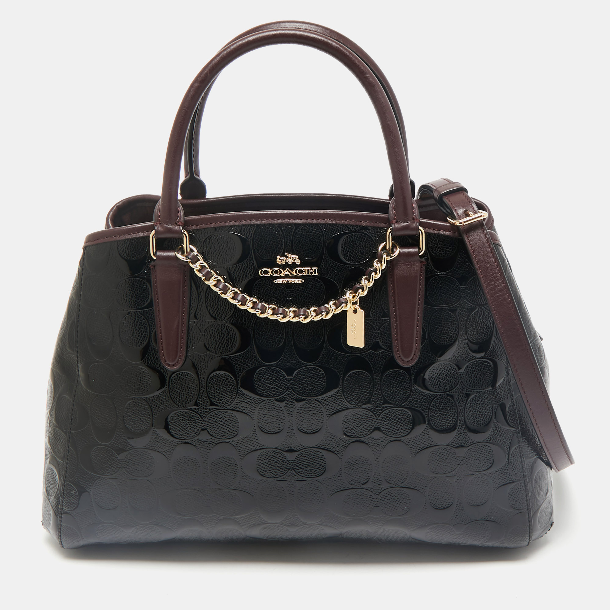 

Coach Black/Burgundy Signature Embossed Patent Leather Margot Satchel