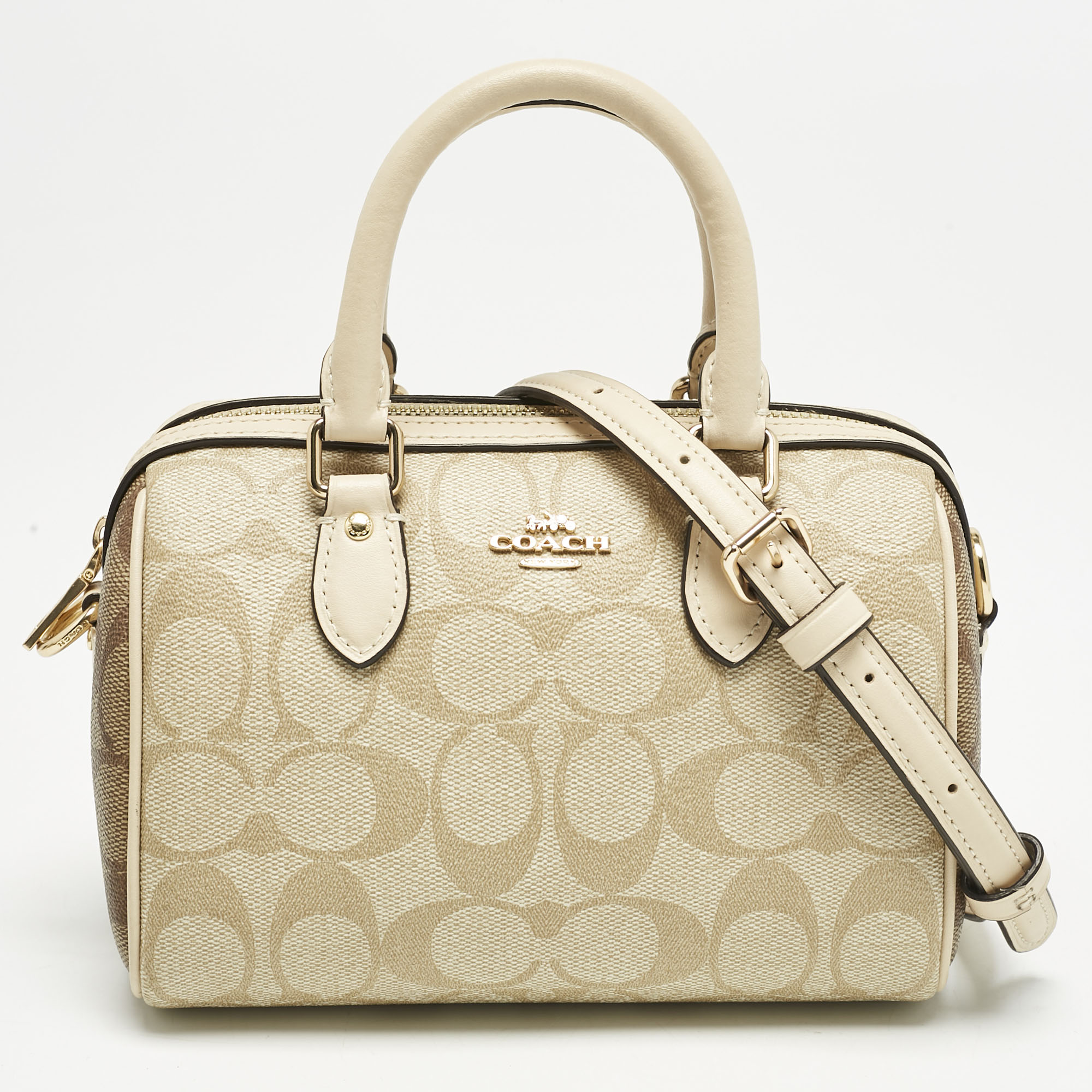 

Coach Beige Signature Coated Canvas and Leather Mini Rowan Satchel