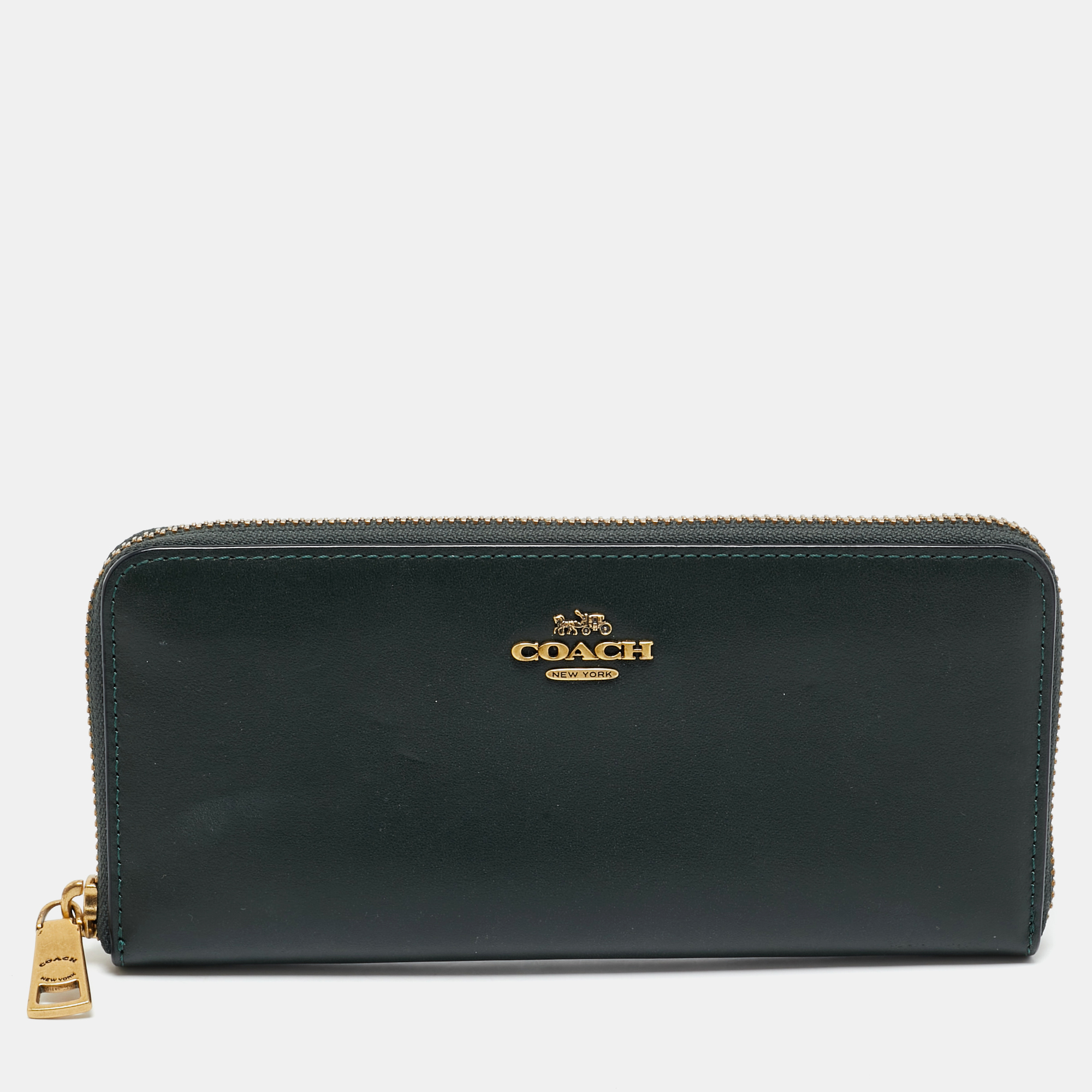 

Coach Dark Green Leather Accordion Zip Around Wallet