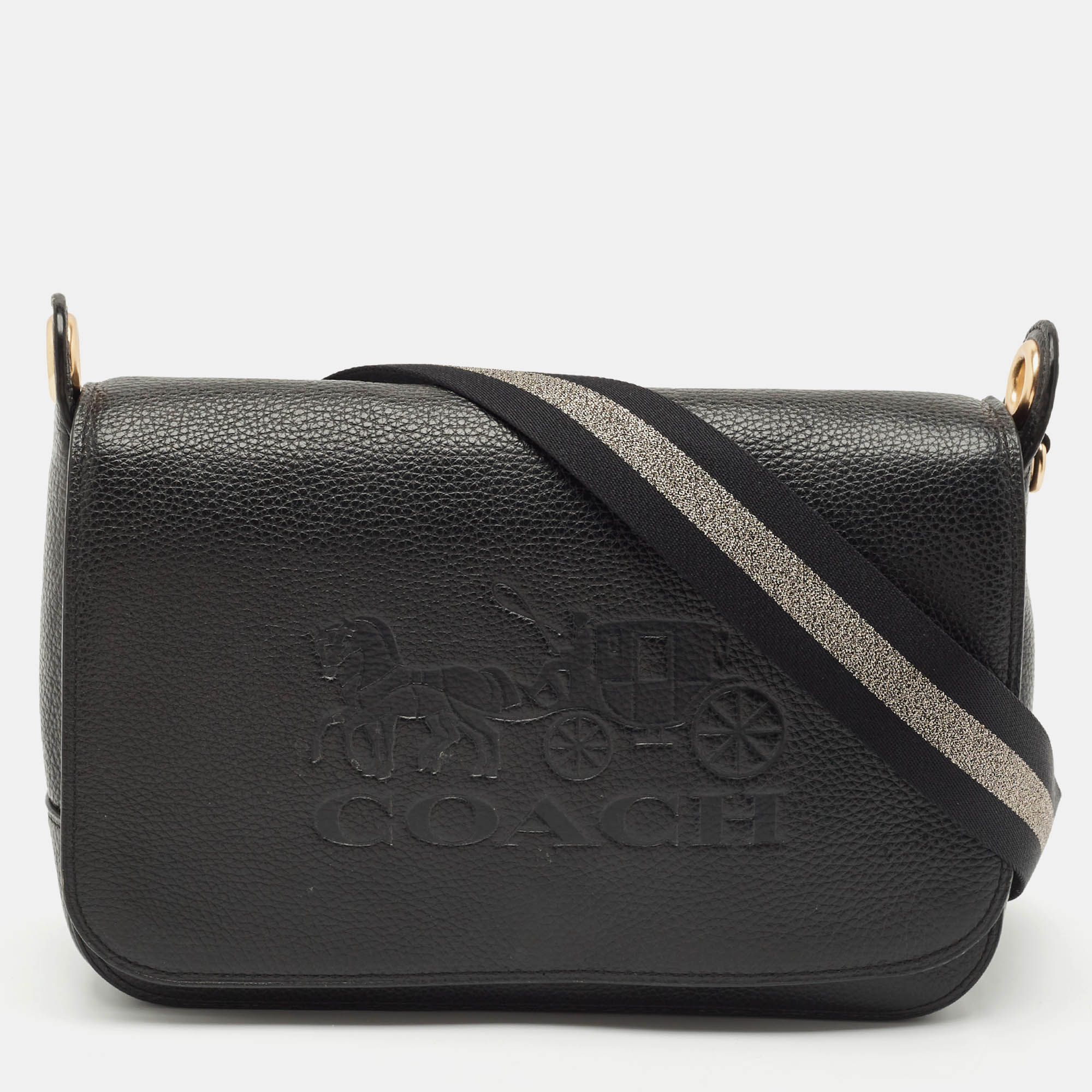 

Coach Black Leather Logo Embossed Jes Flap Messenger Bag