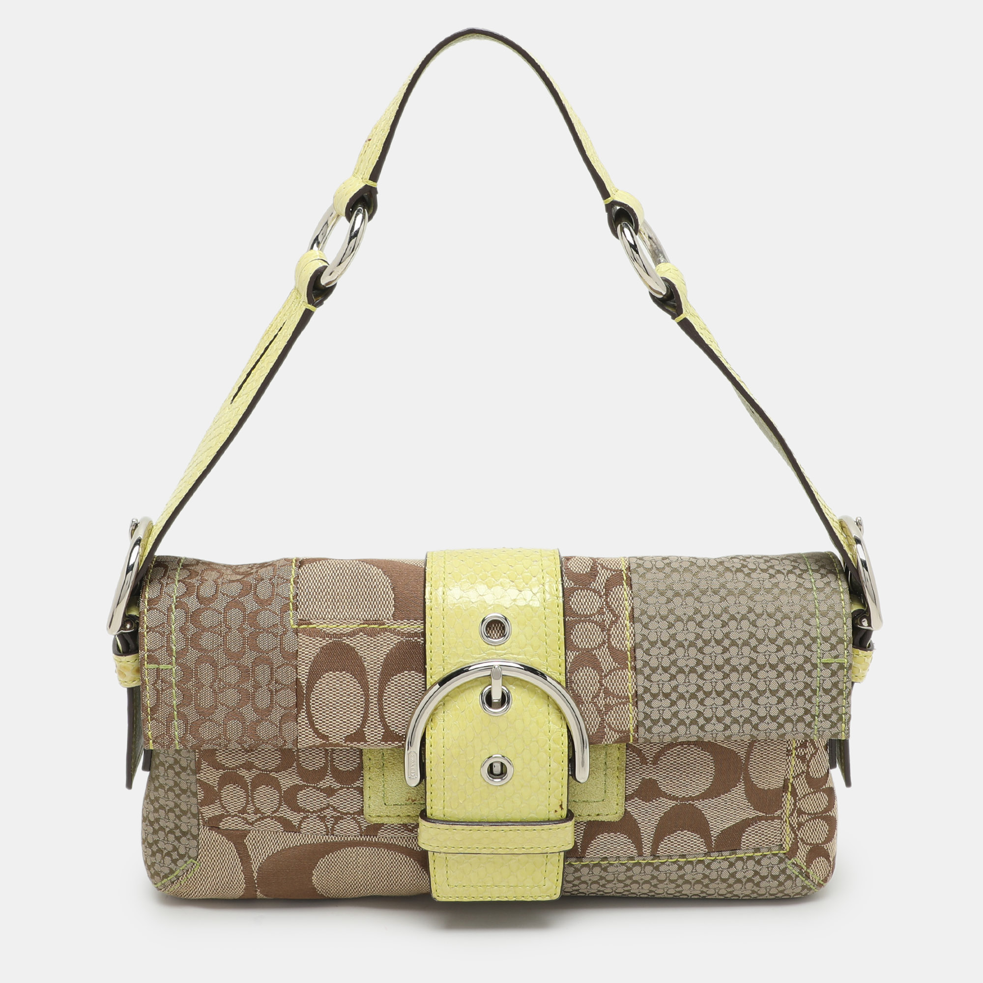 

Coach Beige/Green Signature Patchwork Canvas and Python Buckle Shoulder Bag