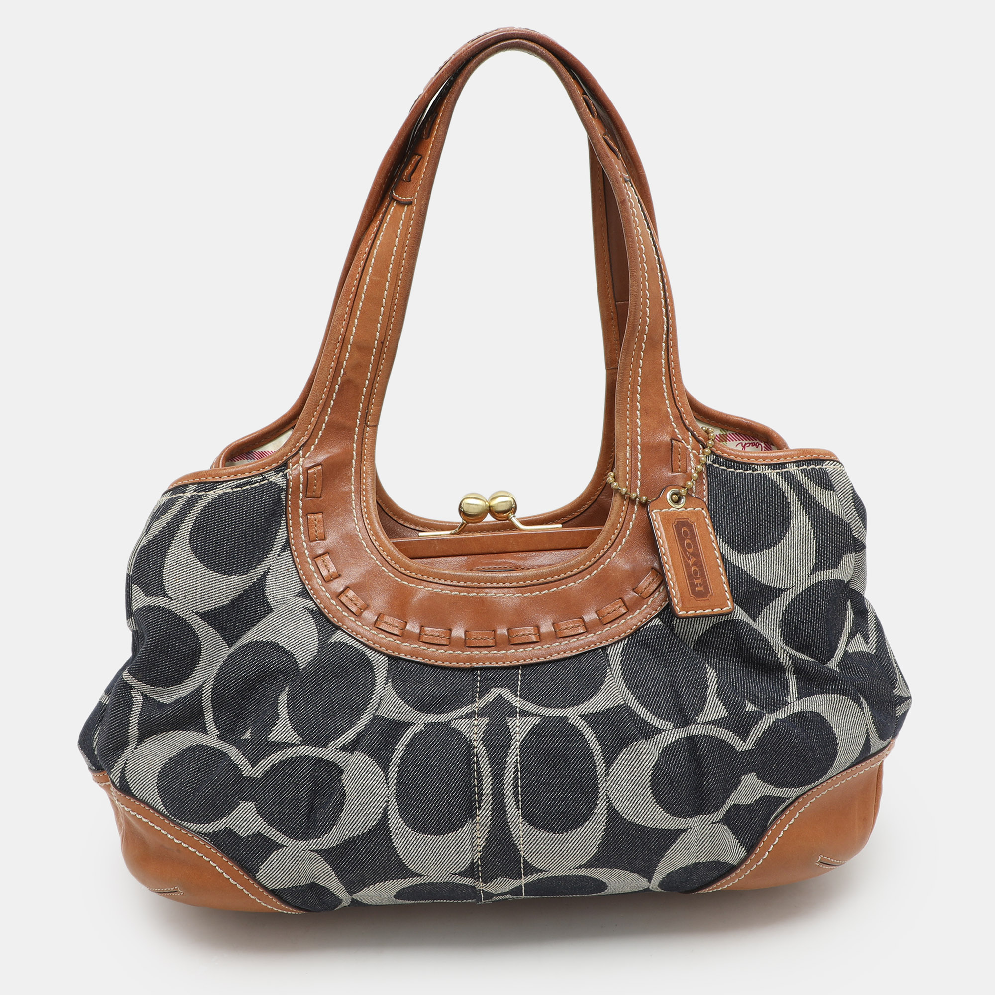 

Coach Black/Brown Denim and Leather Frame Shoulder Bag, Blue