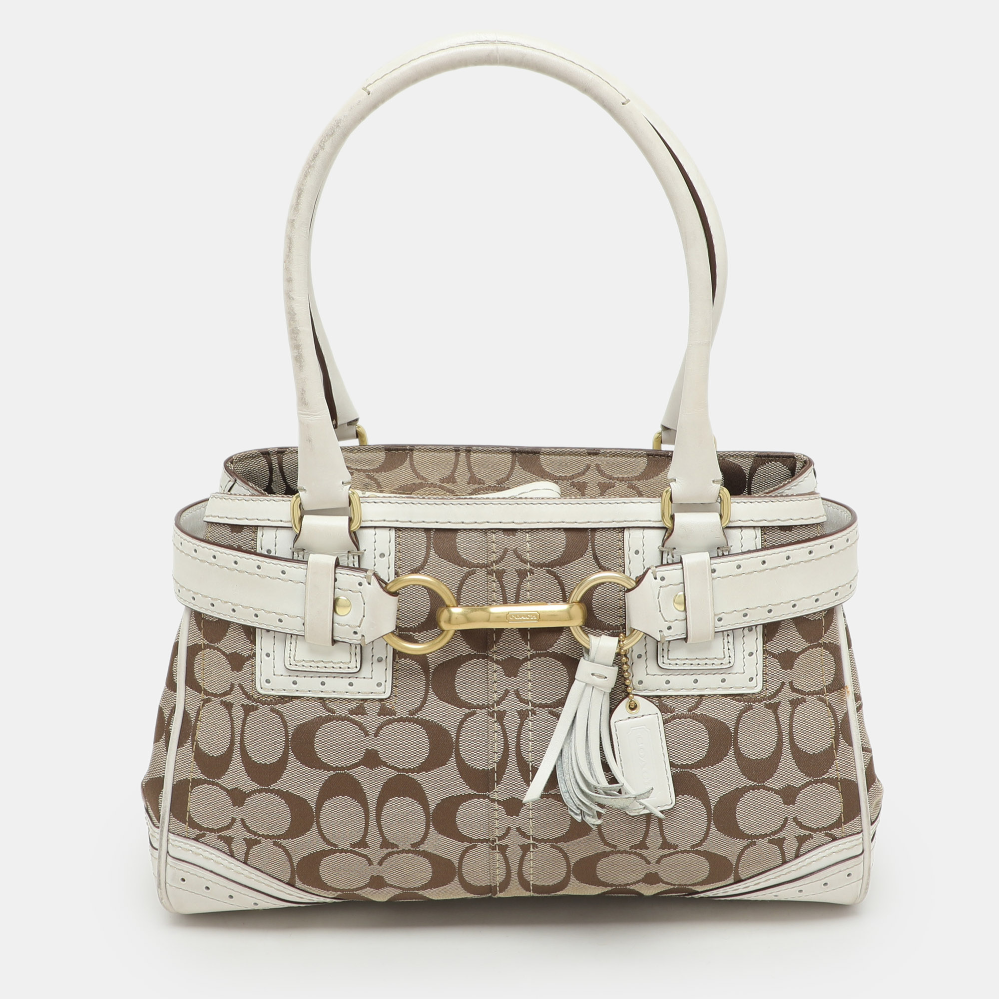 

Coach Beige/White Signature Canvas and Leather Hampton Satchel
