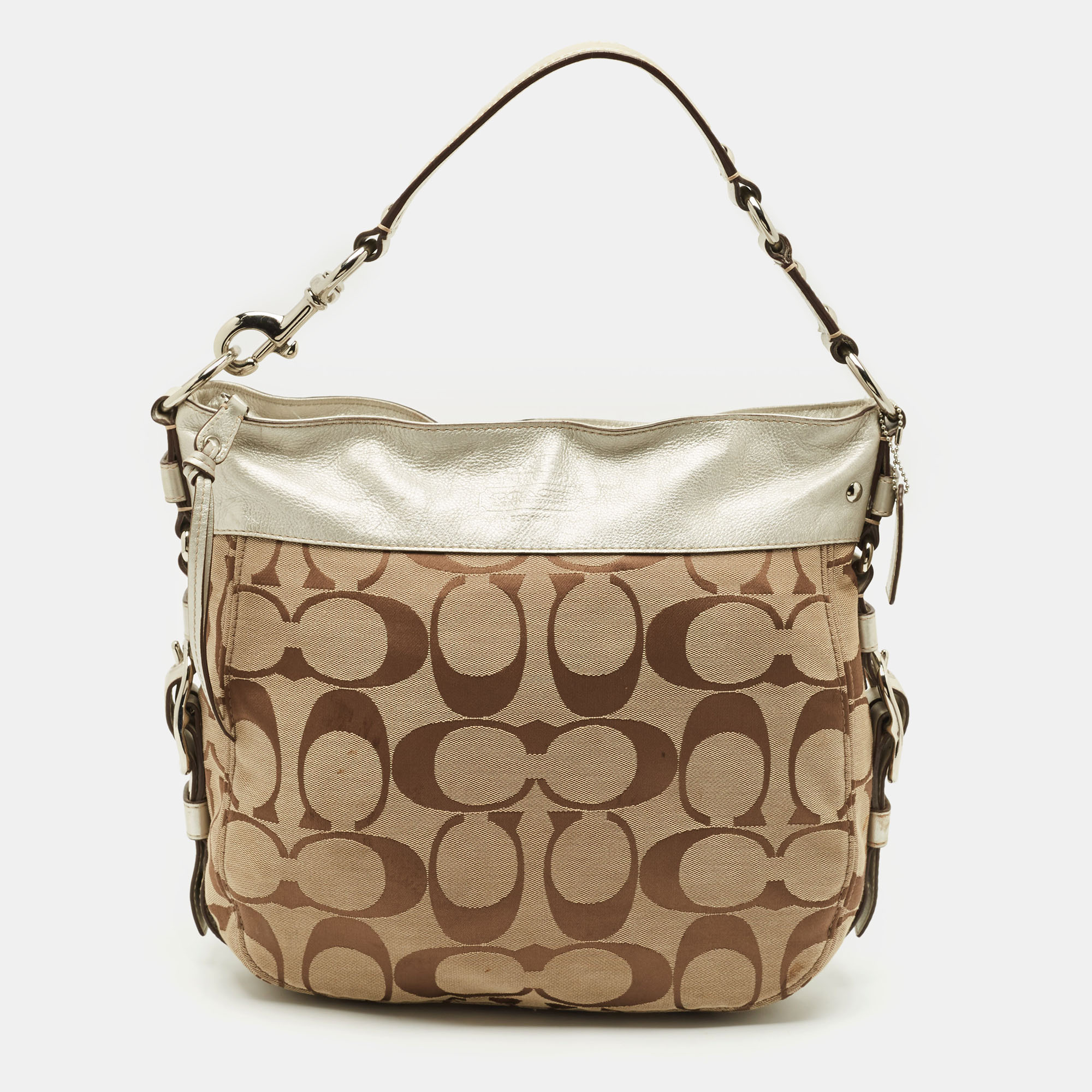 

Coach Beige/Silver Signature Canvas and Leather Zoe Hobo