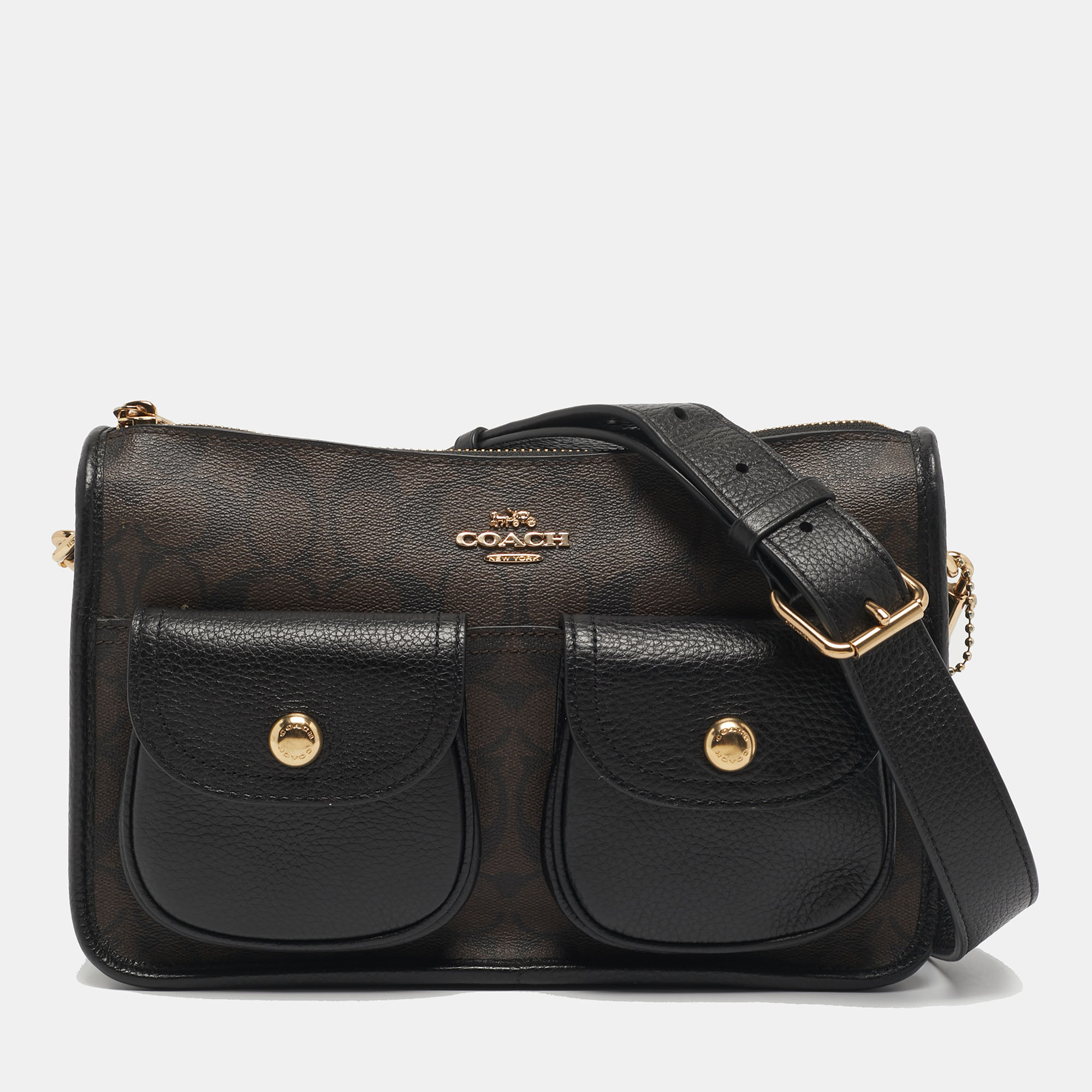

Coach Black/Brown Signature Coated Canvas and Leather Pennie Crossbody Bag