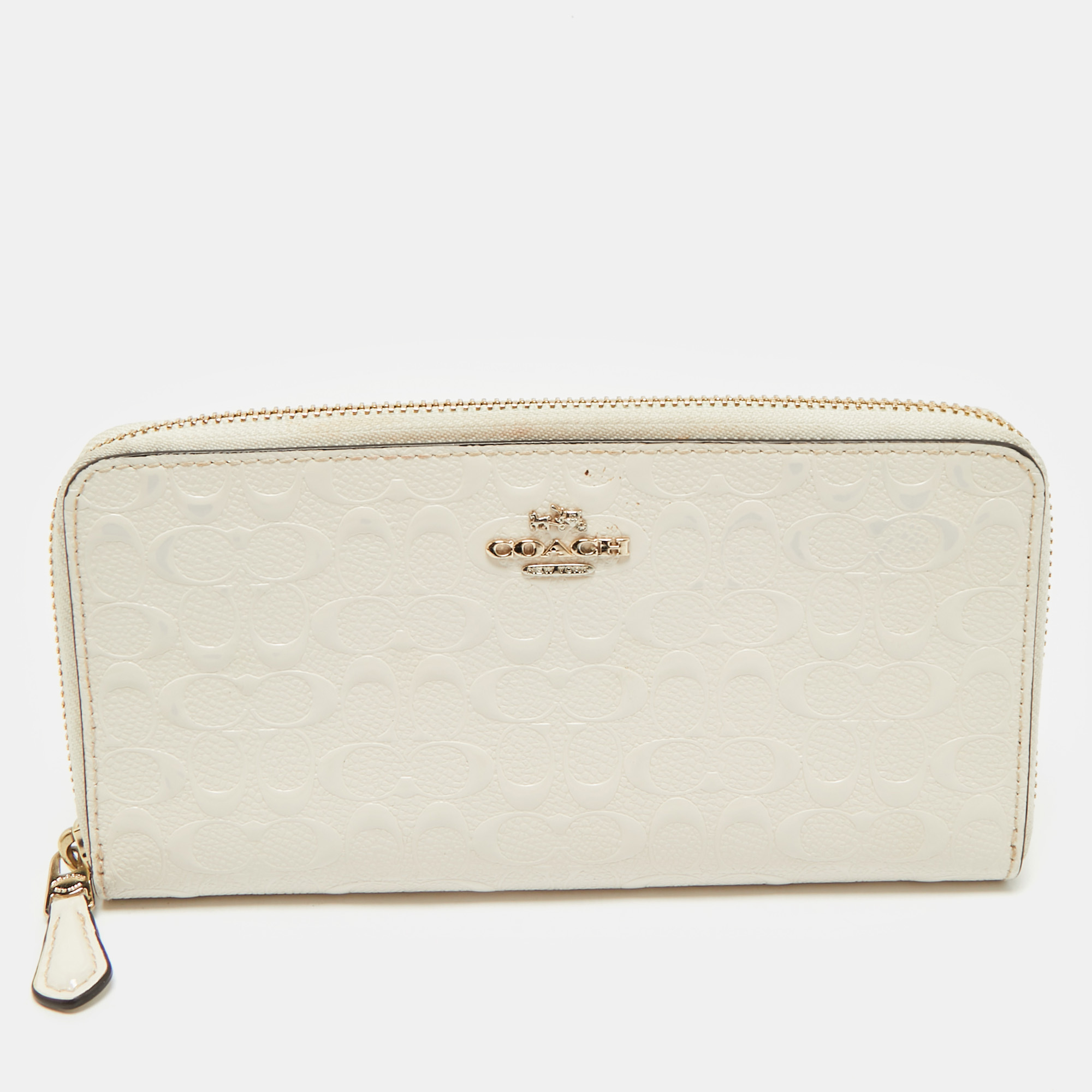 

Coach White Signature Embossed Leather Long Zip Around Wallet