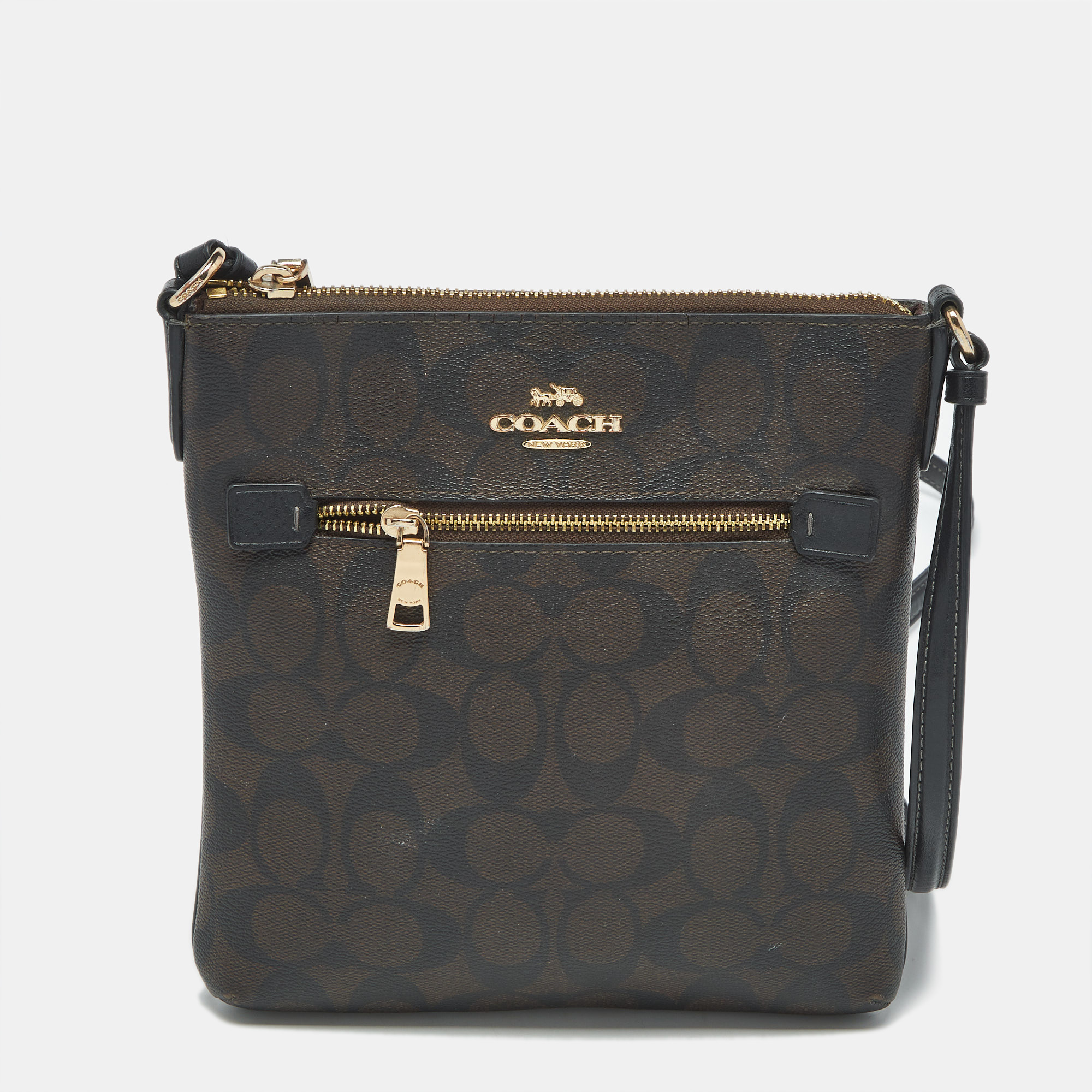 

Coach Black/Brown Signature Coated Canvas and Leather Mini Rowan Messenger Bag