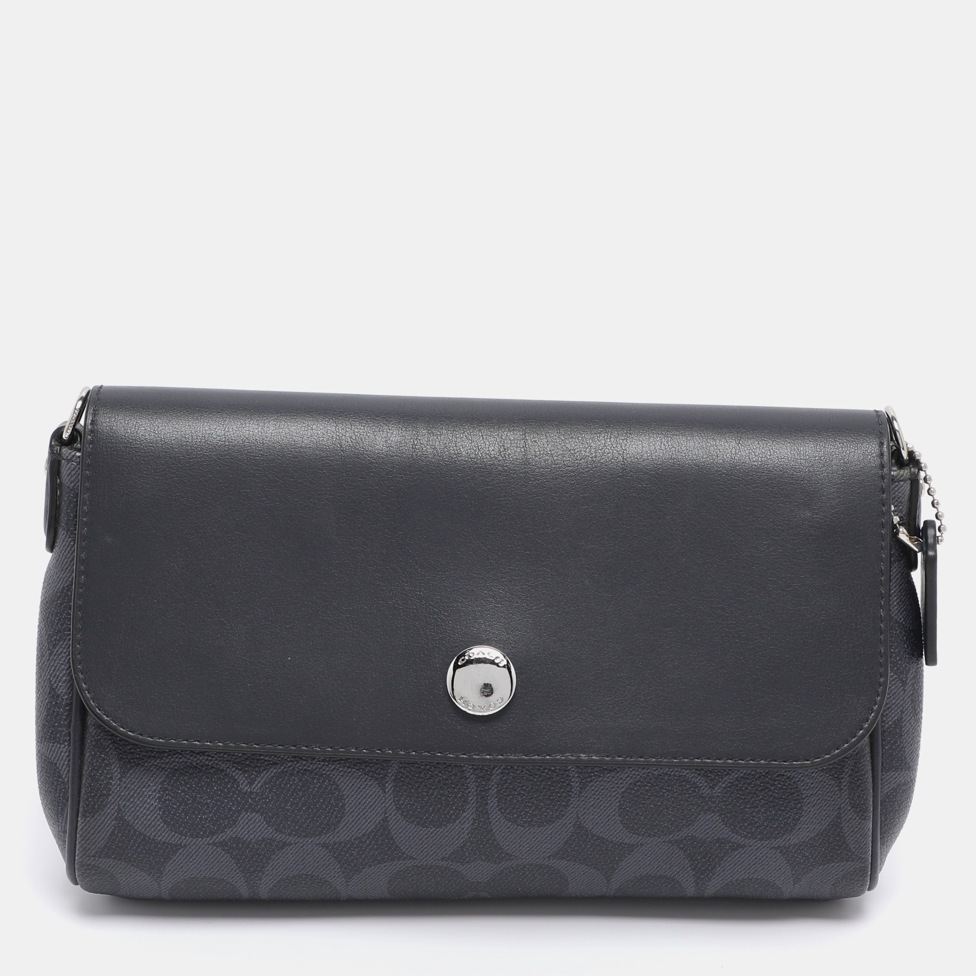 Pre-owned Coach Navy Blue Signature Coated Canvas And Leather Reversible Flap Crossbody Bag