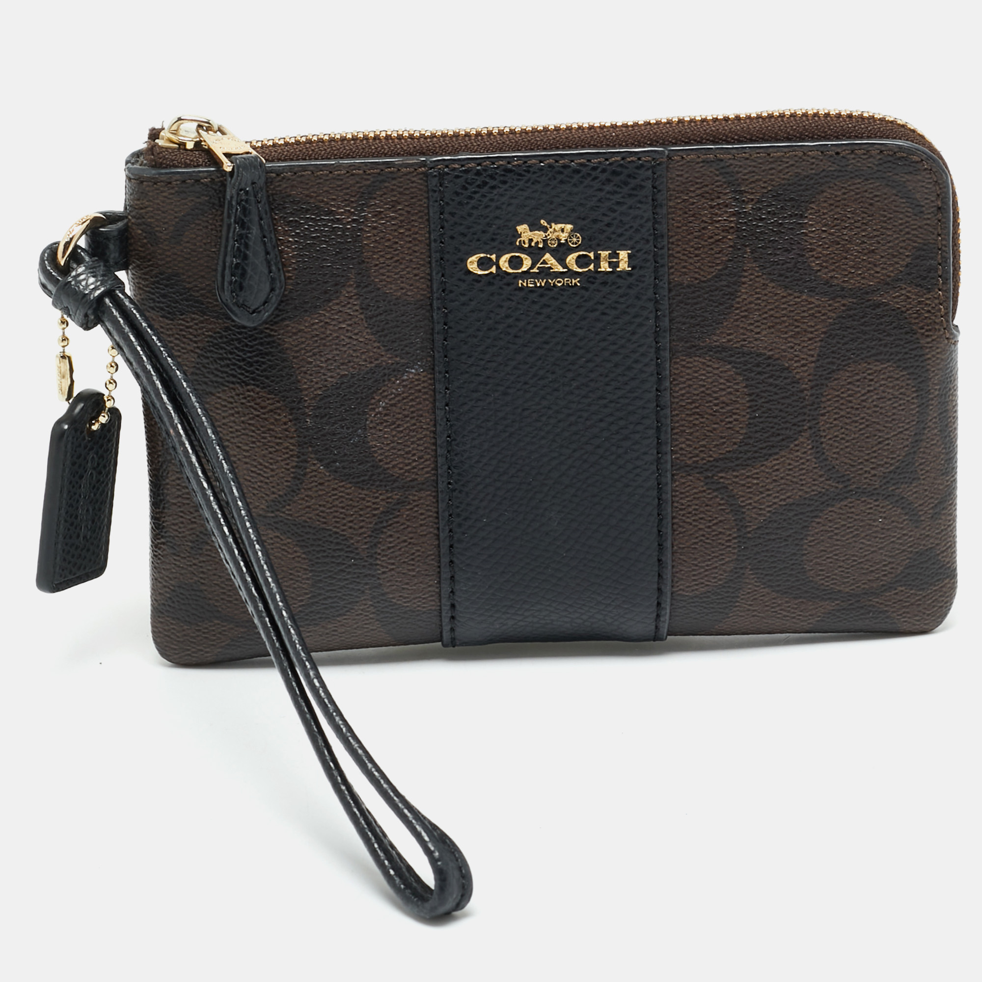 

Coach Brown/Black Signature Coated Canvas and Leather Corner Zip Wristlet