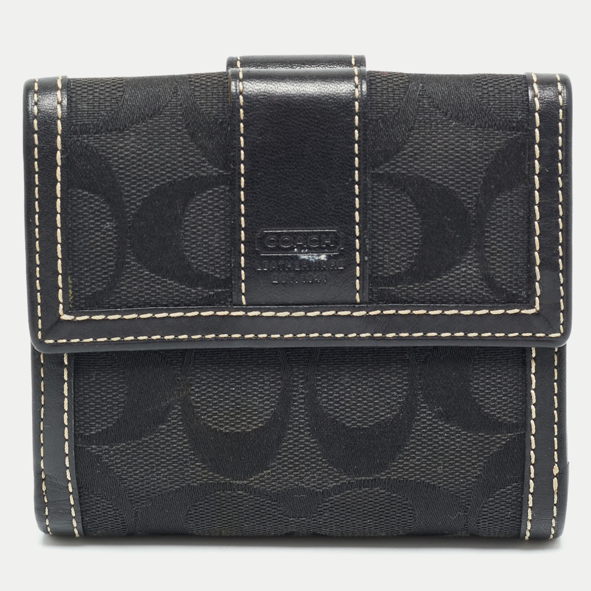 Pre-owned Coach Black Signature Canvas And Leather Flap Compact Wallet