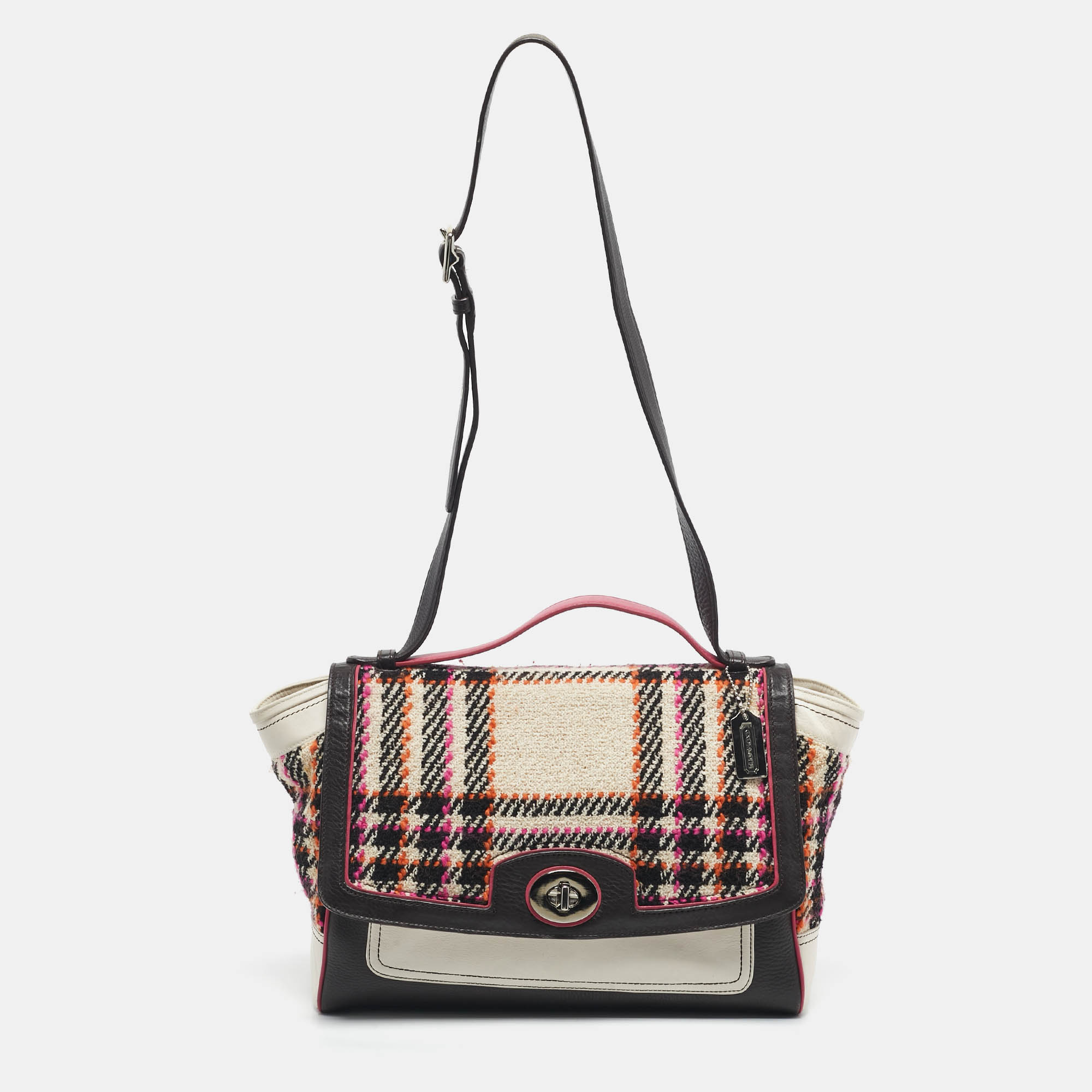 

Coach Multicolor Plaid Tweed and Leather Turnlock Top Handle Bag