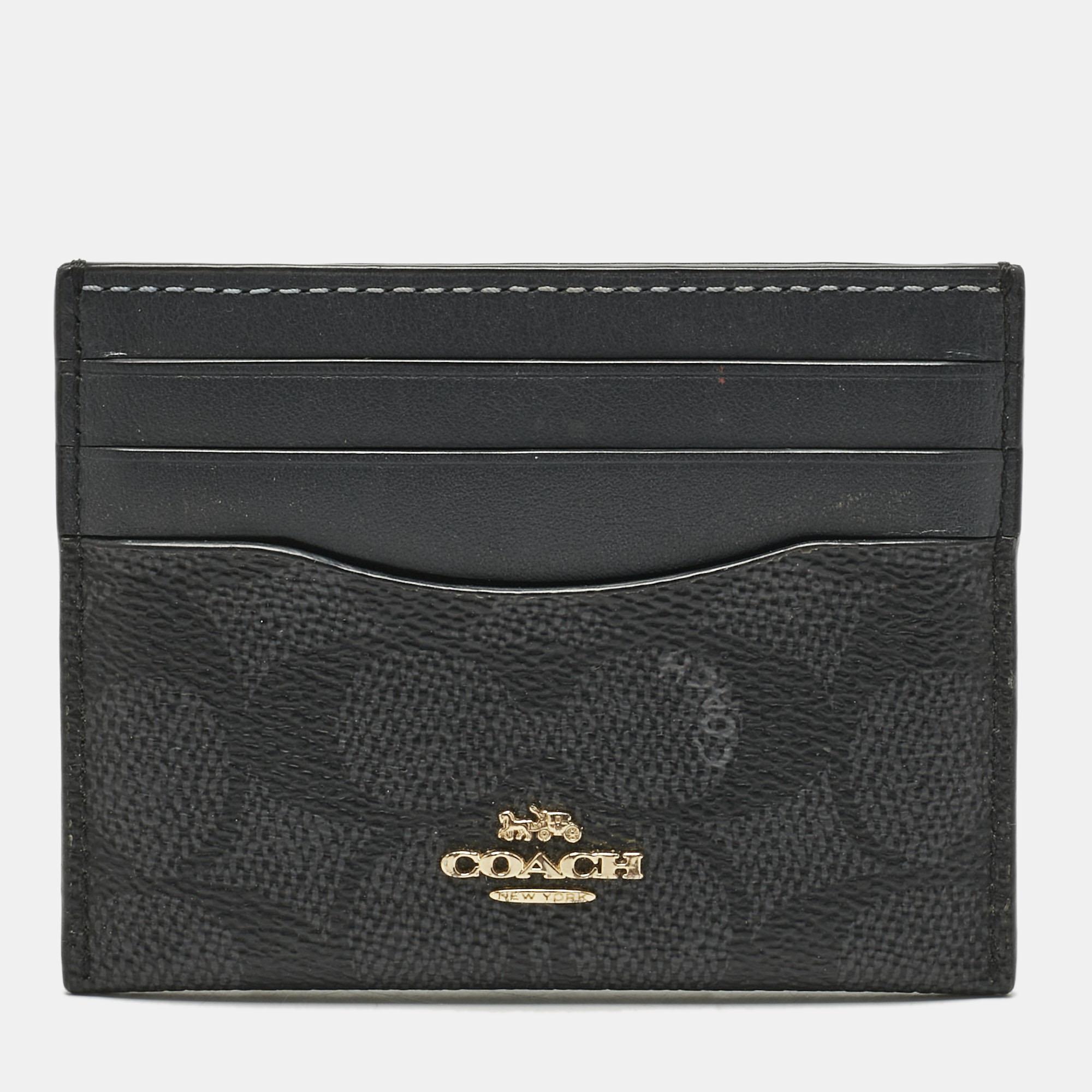 Pre-owned Coach Black/grey Signature Coated Canvas And Leather Card Holder