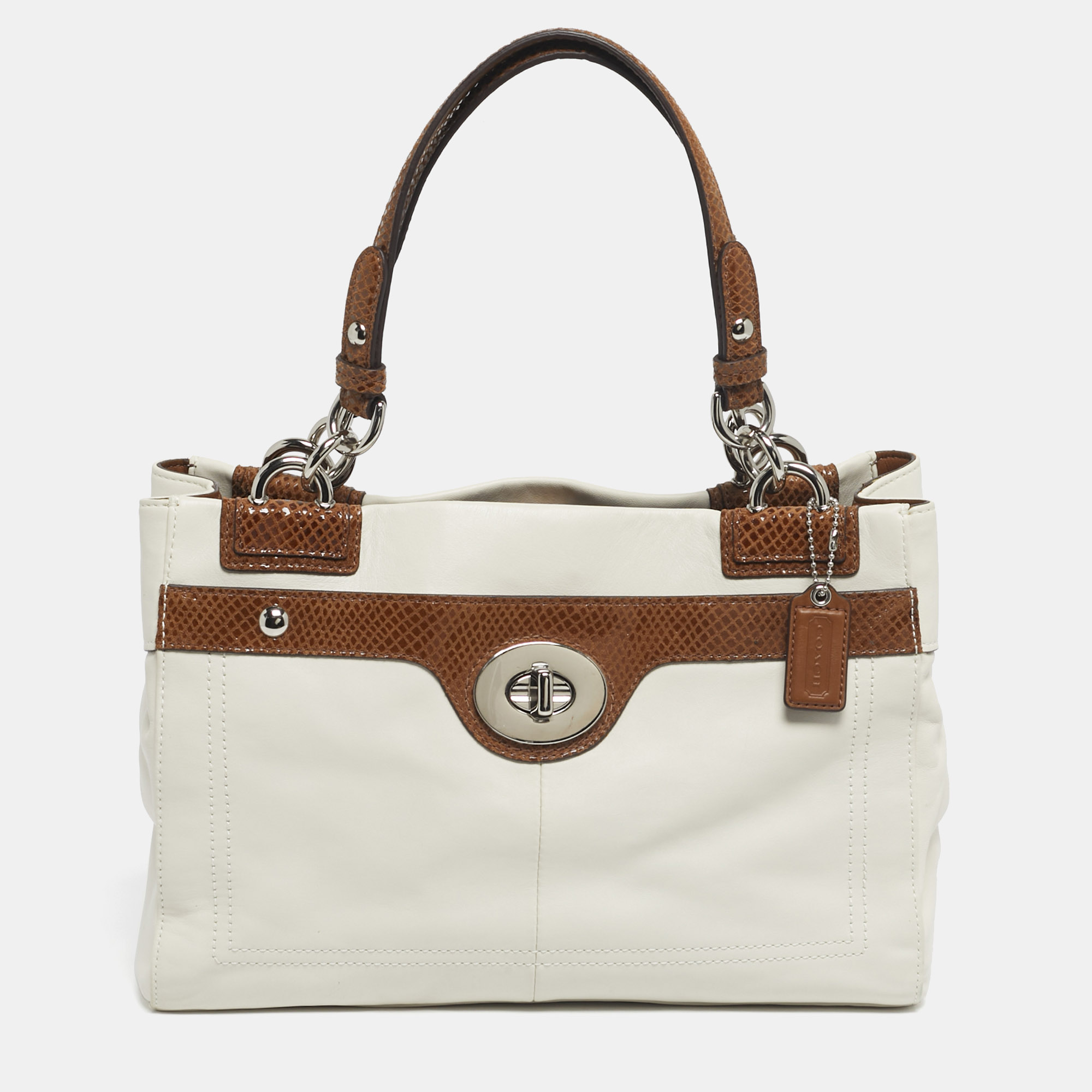 Pre-owned Coach White/brown Leather And Snake Effect Suede Penelope Tote