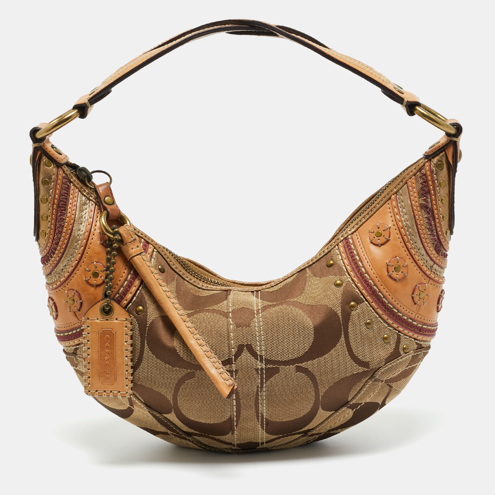 Pre-owned Coach Tan/beige Signature Canvas And Leather Studded Hobo In Brown