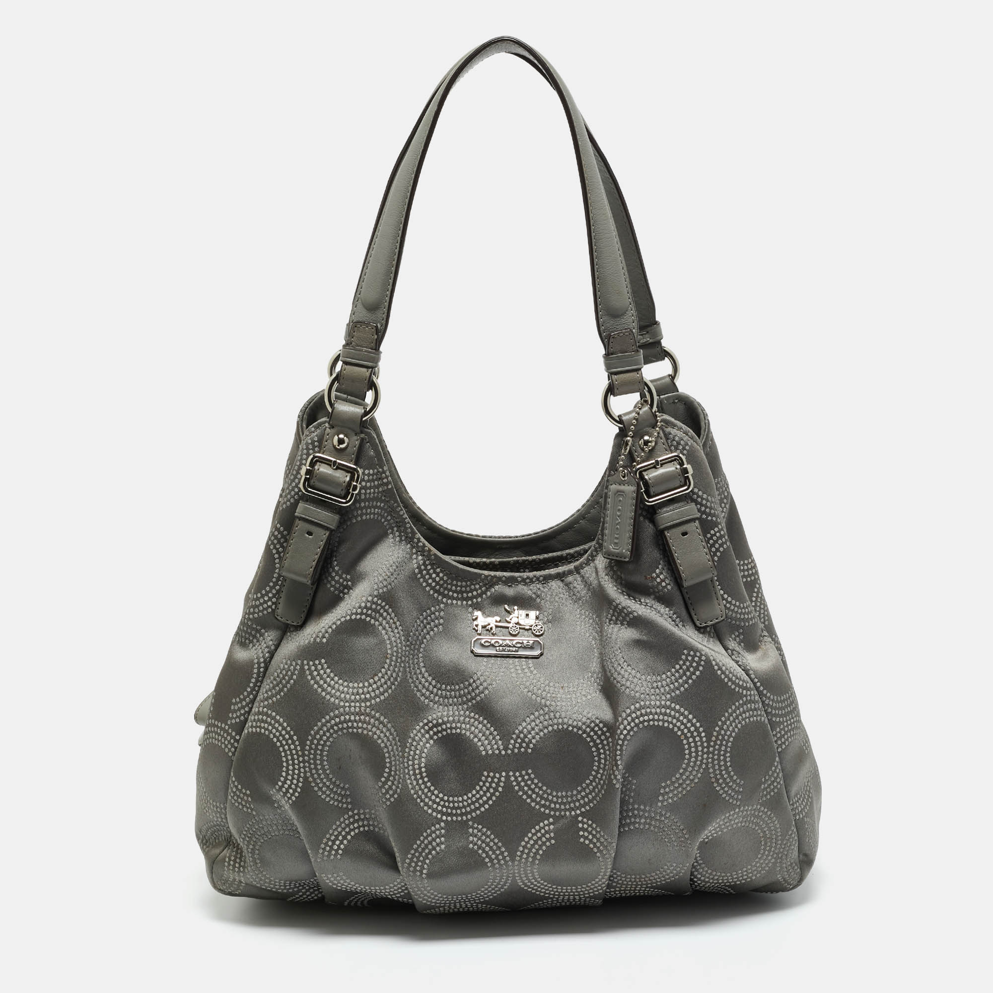 Pre-owned Coach Grey Signature Satin And Leather Madison Maggie Hobo In Gray