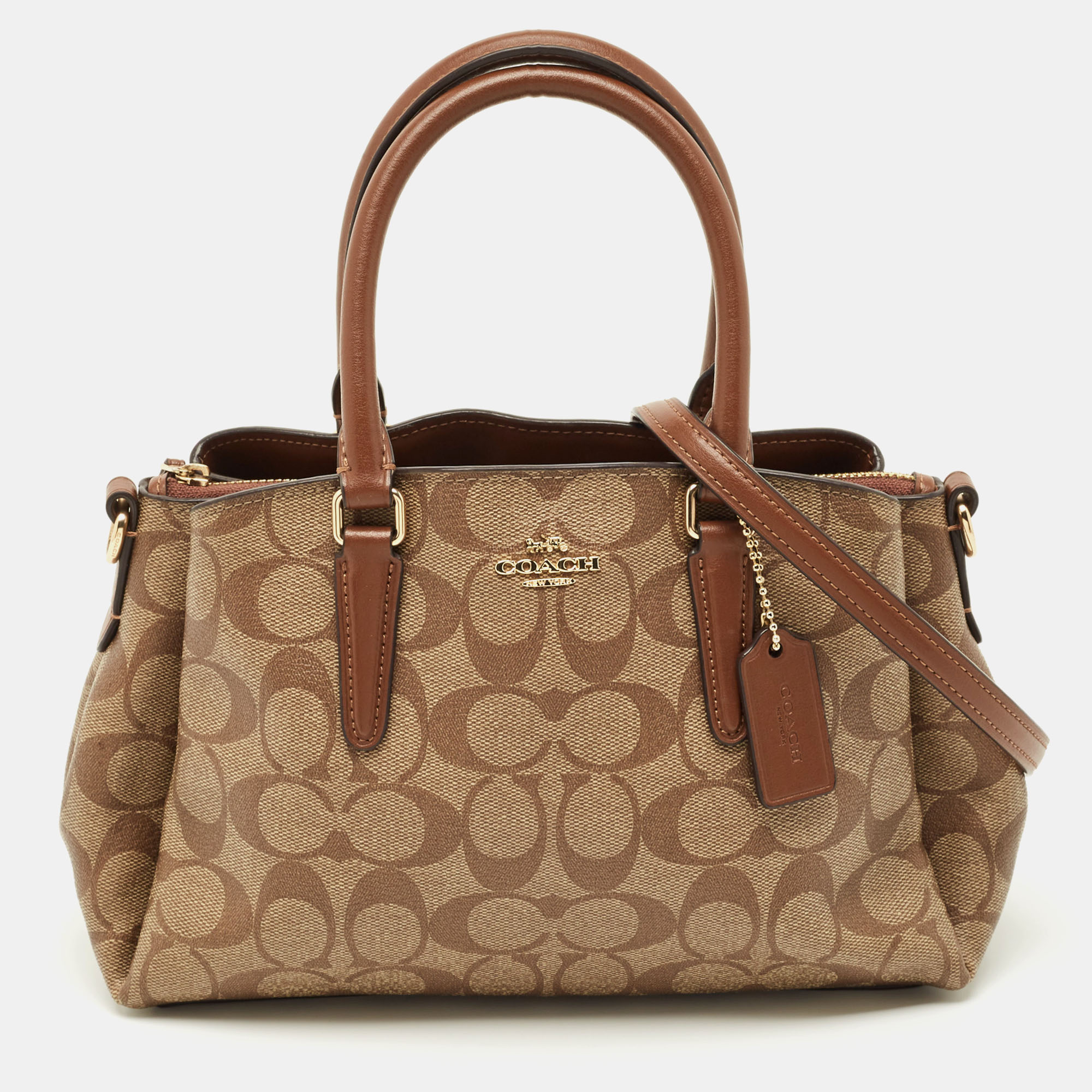 Pre-owned Coach Beige/brown Signature Leather Mini Sage Carryall Satchel In Sand