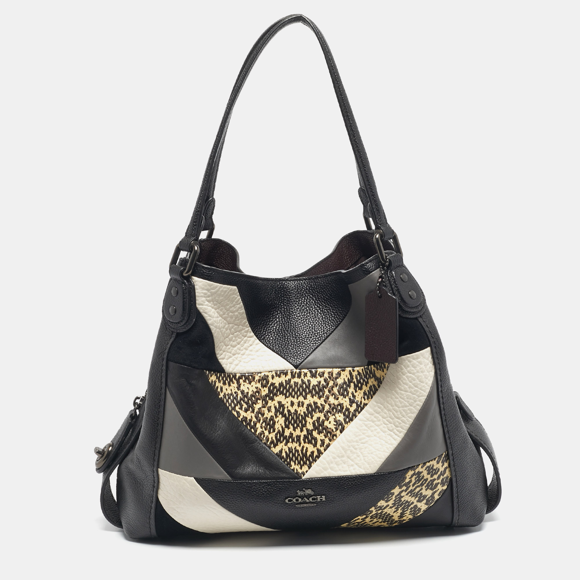 

Coach Black Leather and Snakeskin Embossed Patchwork Edie Shoulder Bag
