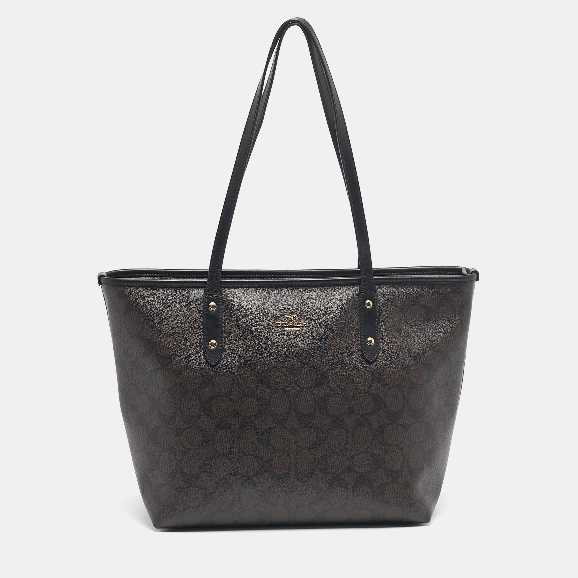 

Coach Black/Dark Brown Signature Coated Canvas and Leather City Zip Tote