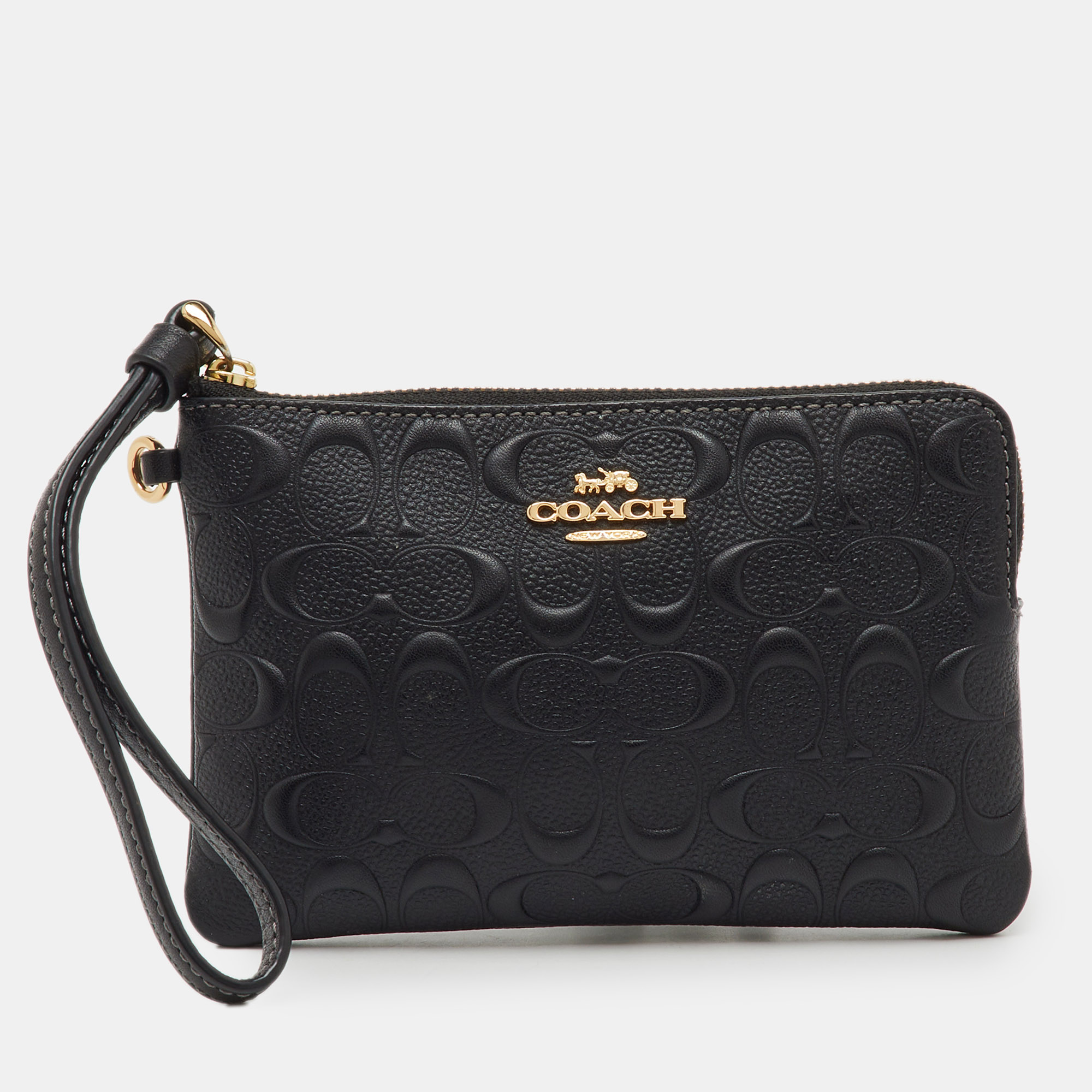 

Coach Black Signature Embossed Leather Zip Wristlet
