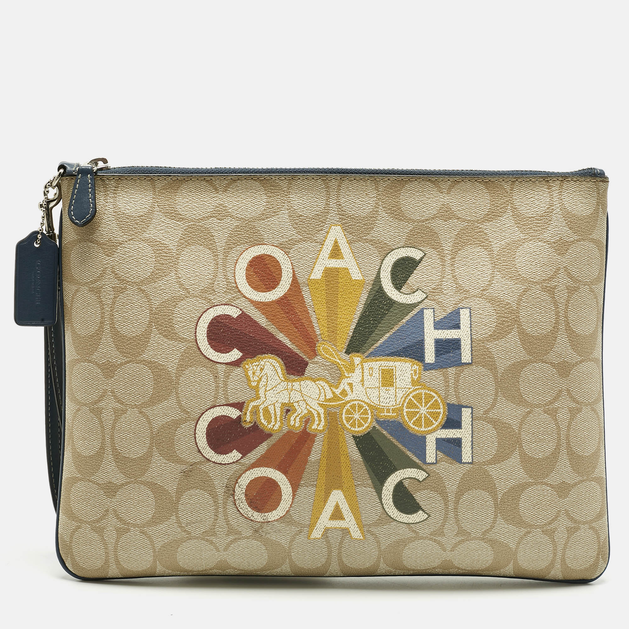 

Coach Beige/Blue Signature Coated Canvas Large Radial Rainbow Wristlet Pouch