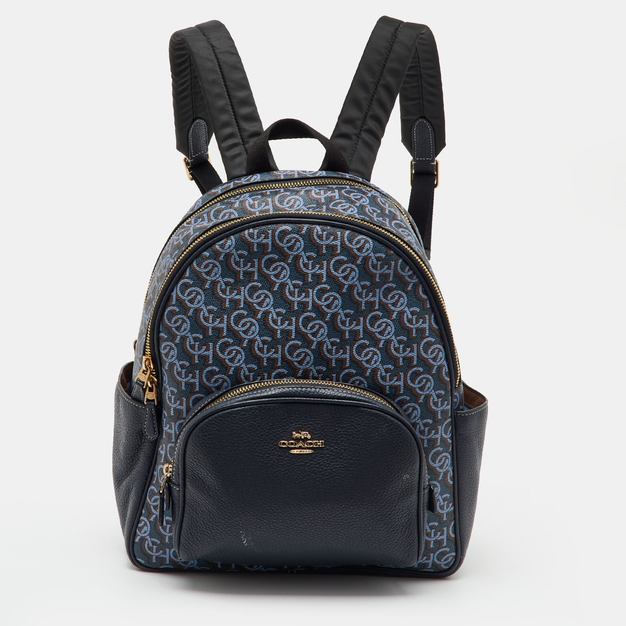 Pre-owned Coach Navy Blue Monogram Print Coated Canvas And Leather Court Backpack