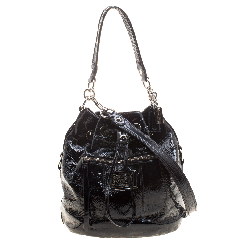 black leather drawstring bucket bag