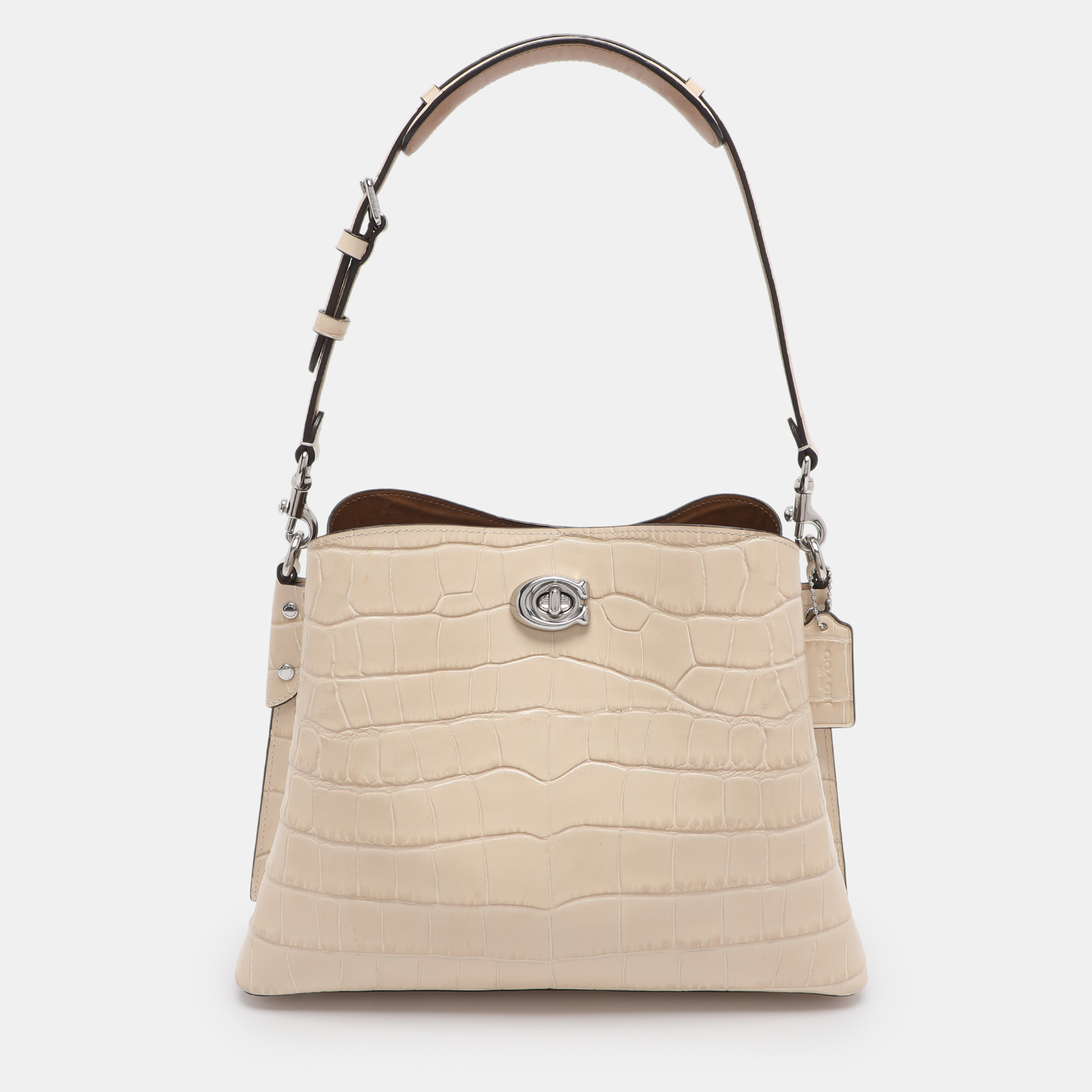 Pre-owned Coach Willow Beige Croc Embossed Leather Bucket Bag In Sand