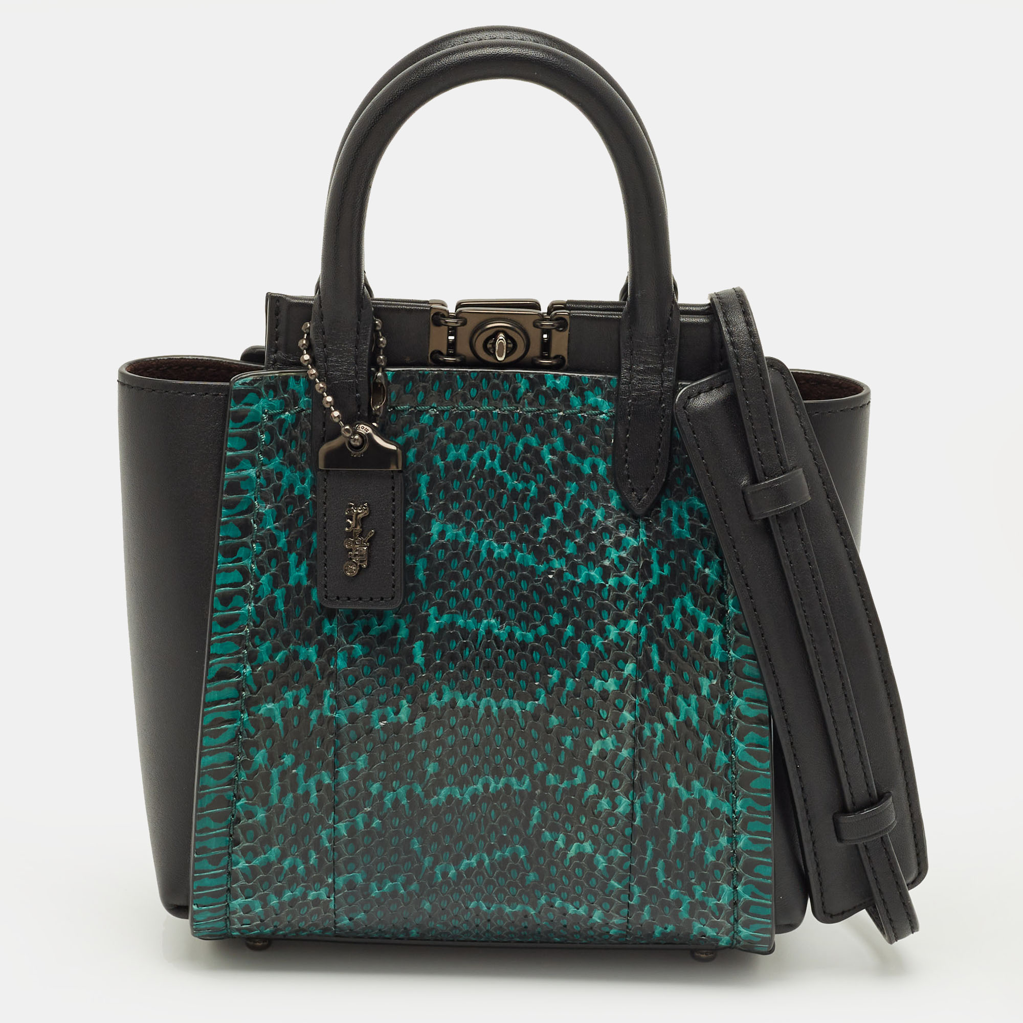 

Coach Troupe 16 Black/Green Leather and Snakeskin Tote