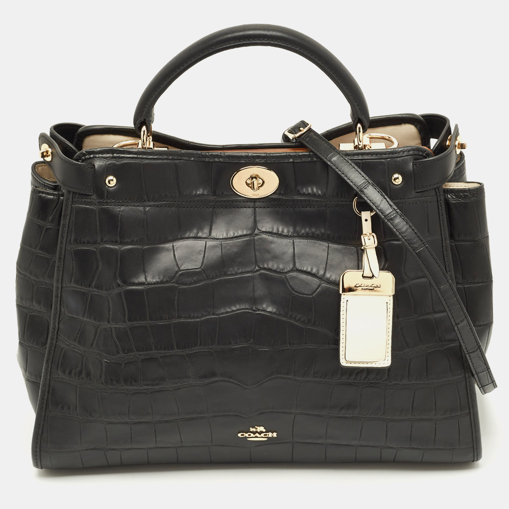 

Coach Gramercy Black Croc Embossed Leather Top Handle Bag