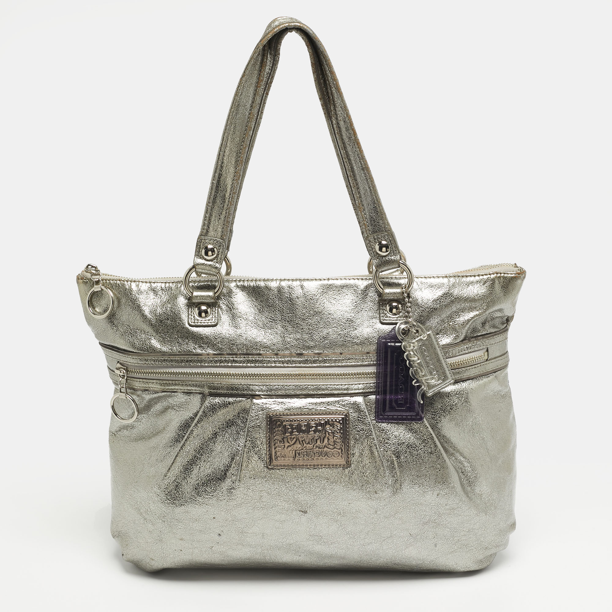 

Coach Poppy Glam Metallic Grey Leather Tote