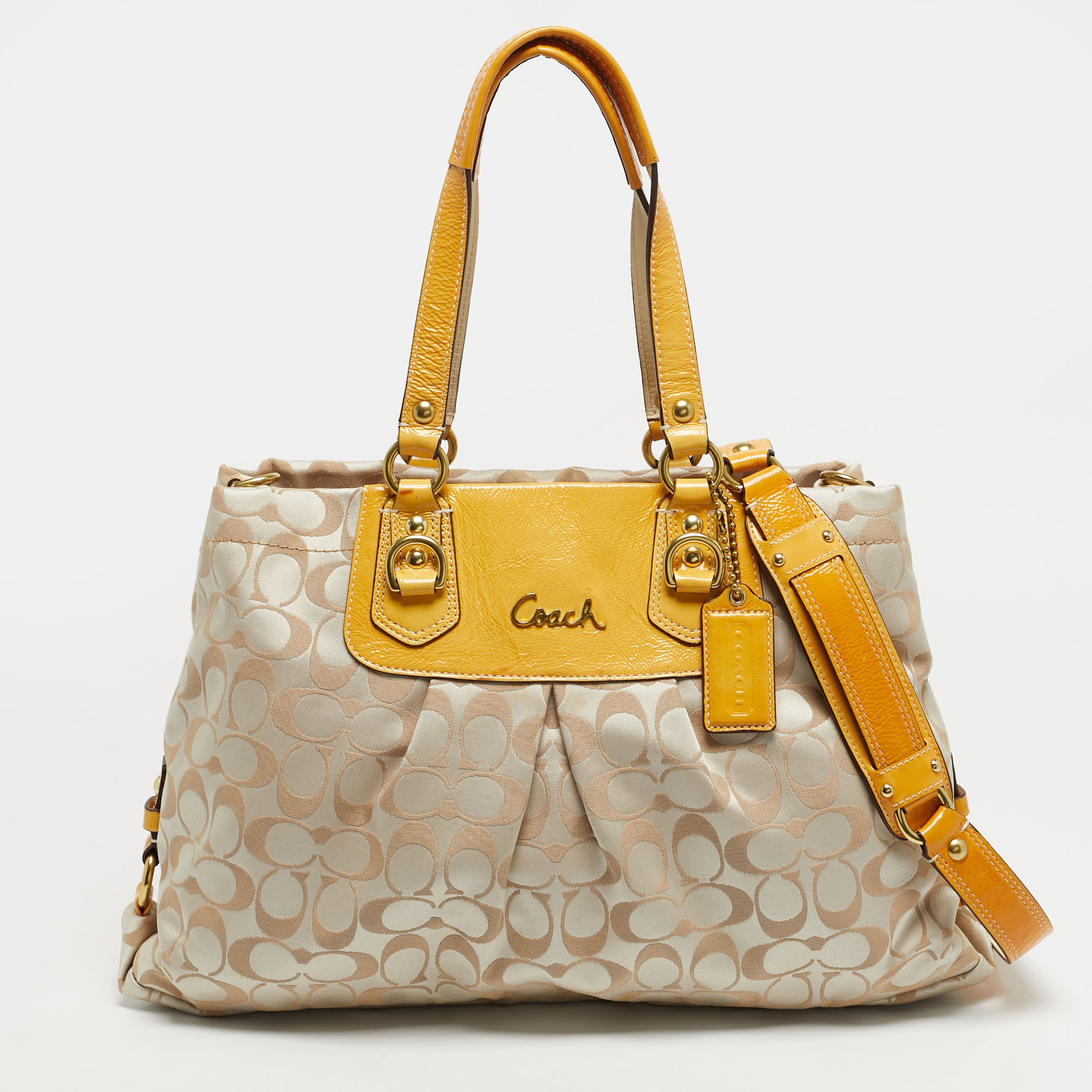 

Coach Ashley Mustard/Beige Signature Fabric and Patent Leather Shoulder Bag, Yellow