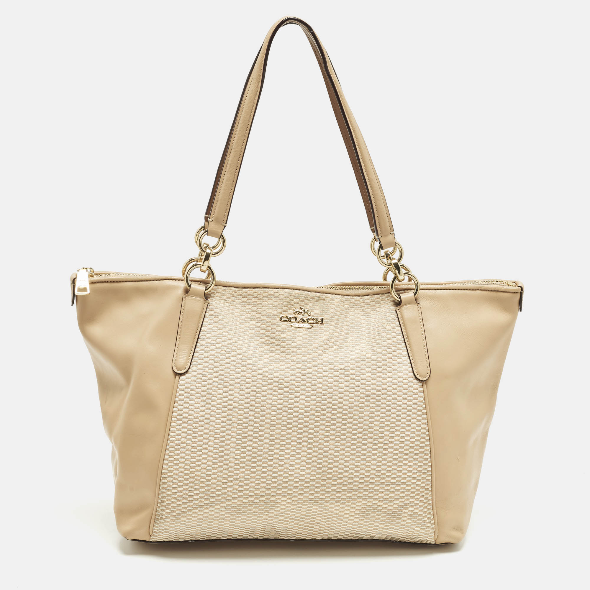 Pre-owned Coach Ava Beige Canvas And Leather Tote In Sand