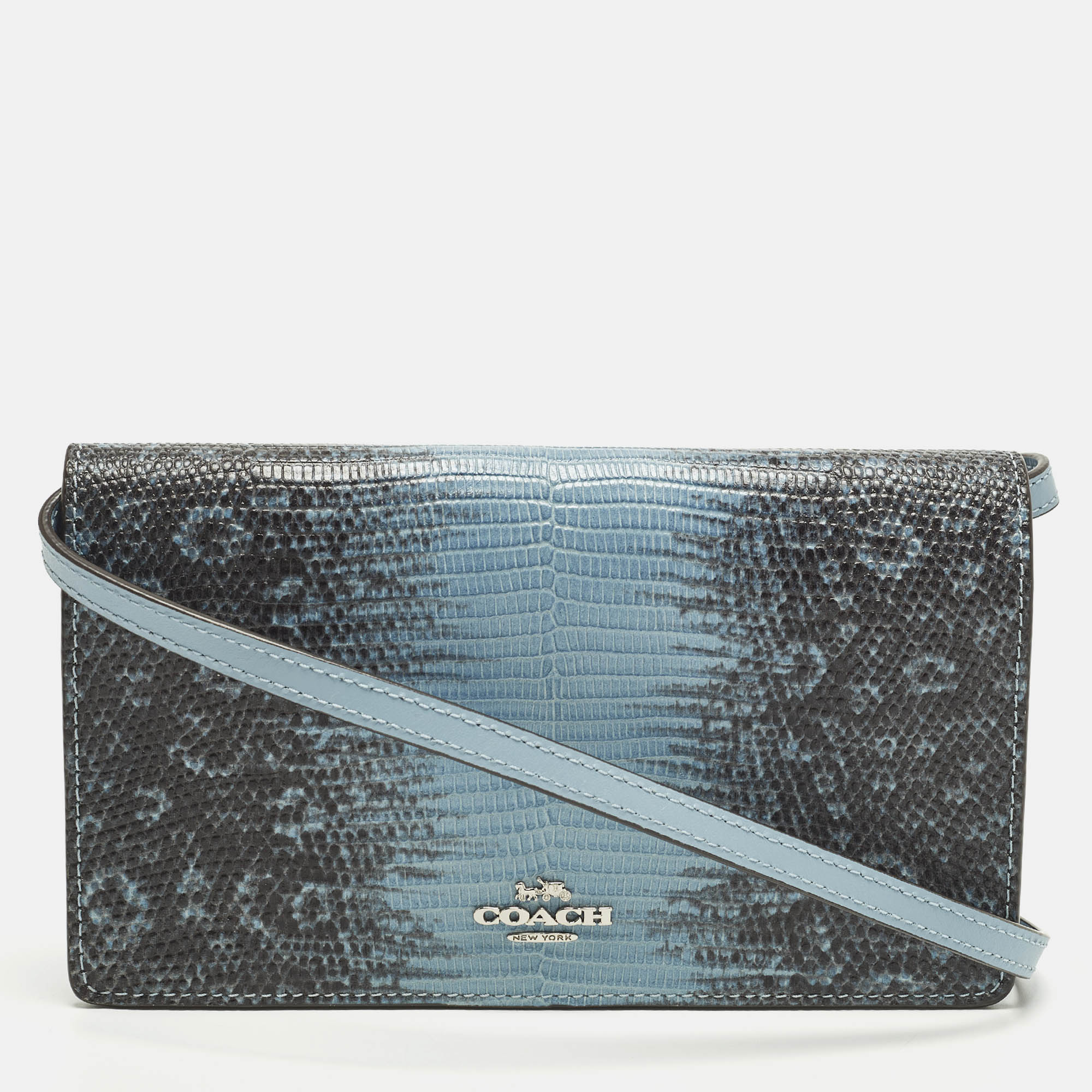 

Coach Hayden Blue/Black Lizard Embossed Leather Wallet On Strap