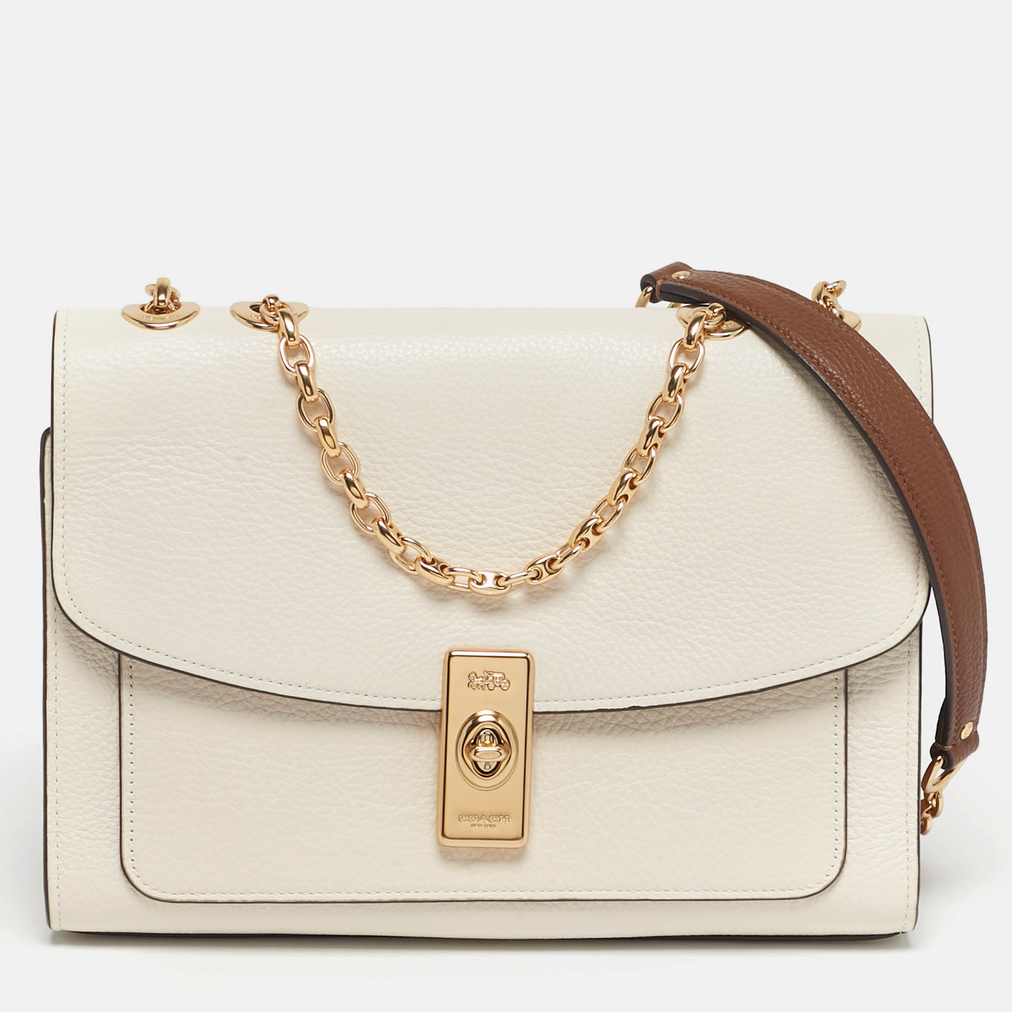 

Coach Lane White/Brown Leather Chain Flap Shoulder Bag