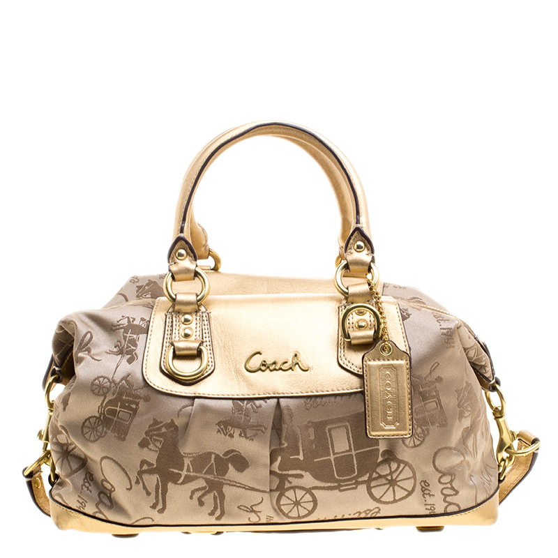مملوكة مسبقًا Coach Beige/Gold Fabric and Leather Satchel