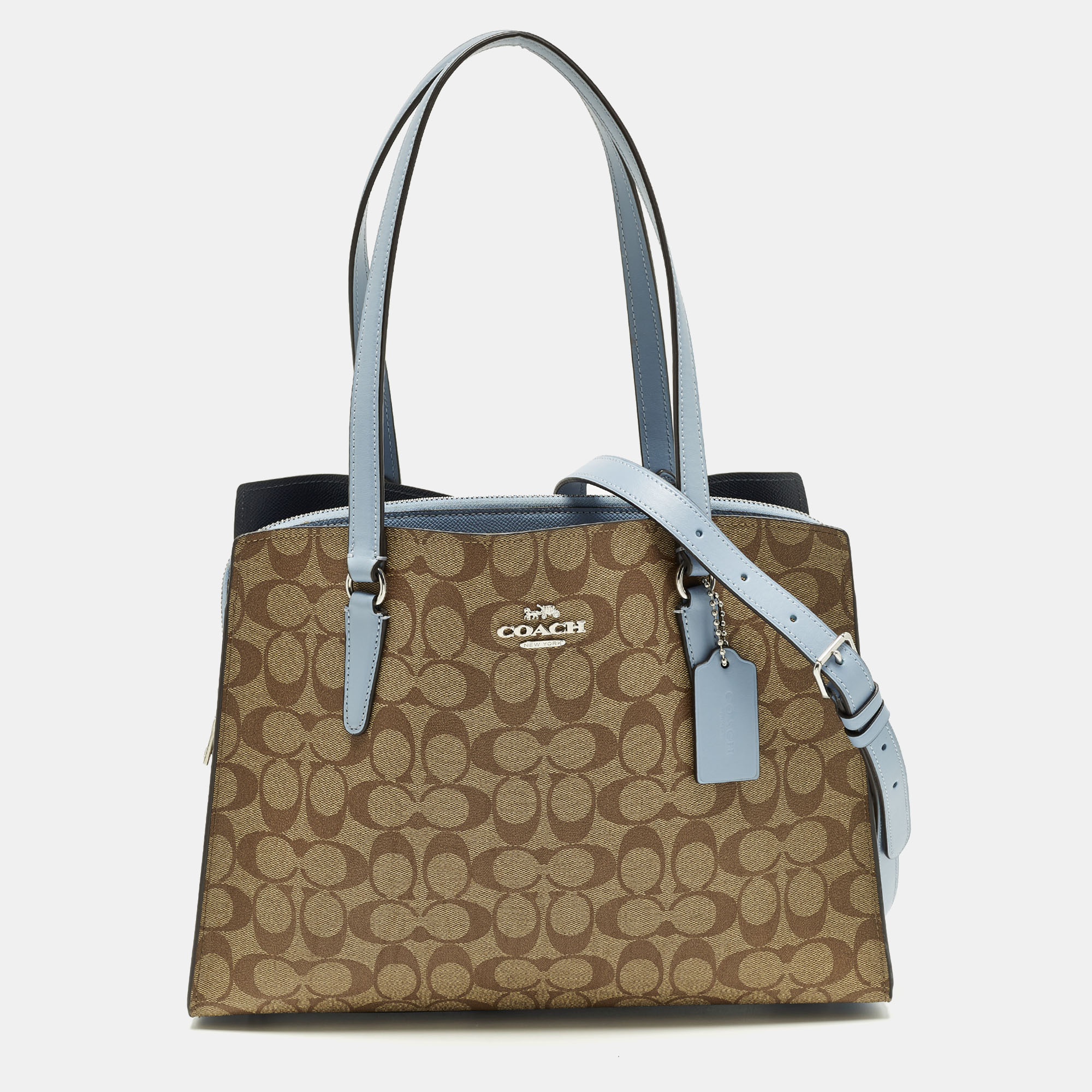 

Coach Tatum Caryall Light Blue/Beige Signature Coated Canvas and Leather Tote