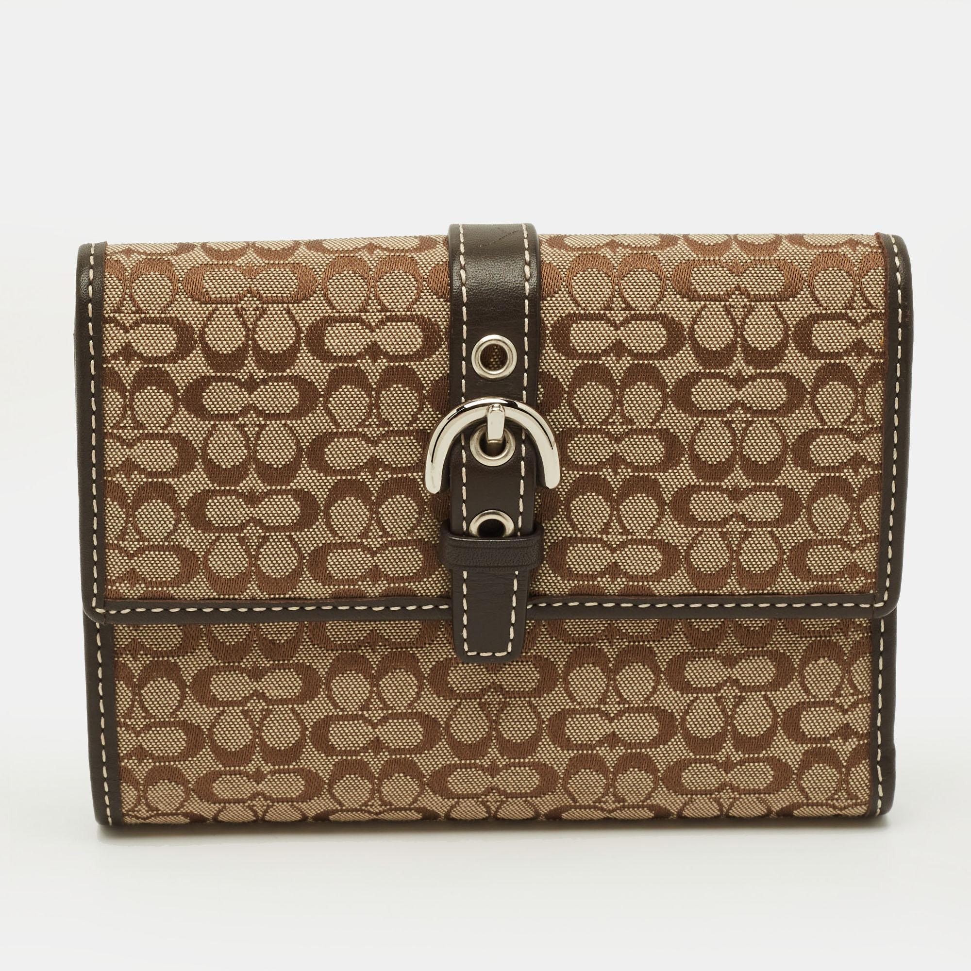 

Coach Buckle Beige/Brown Signature Fabric and Leather Trifold Wallet