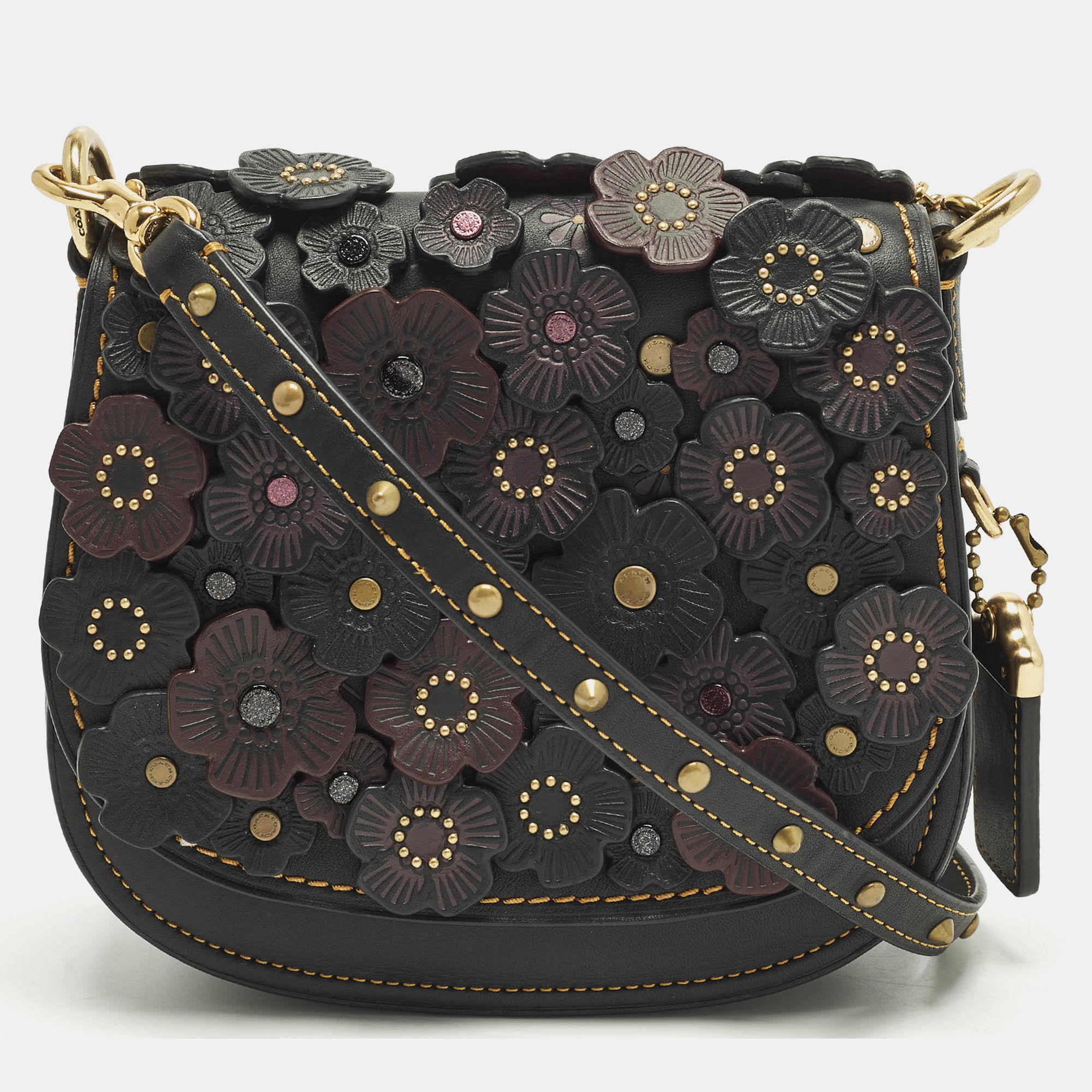 

Coach Saddle 17 Floral Applique Black/Burgundy Leather Crossbody Bag